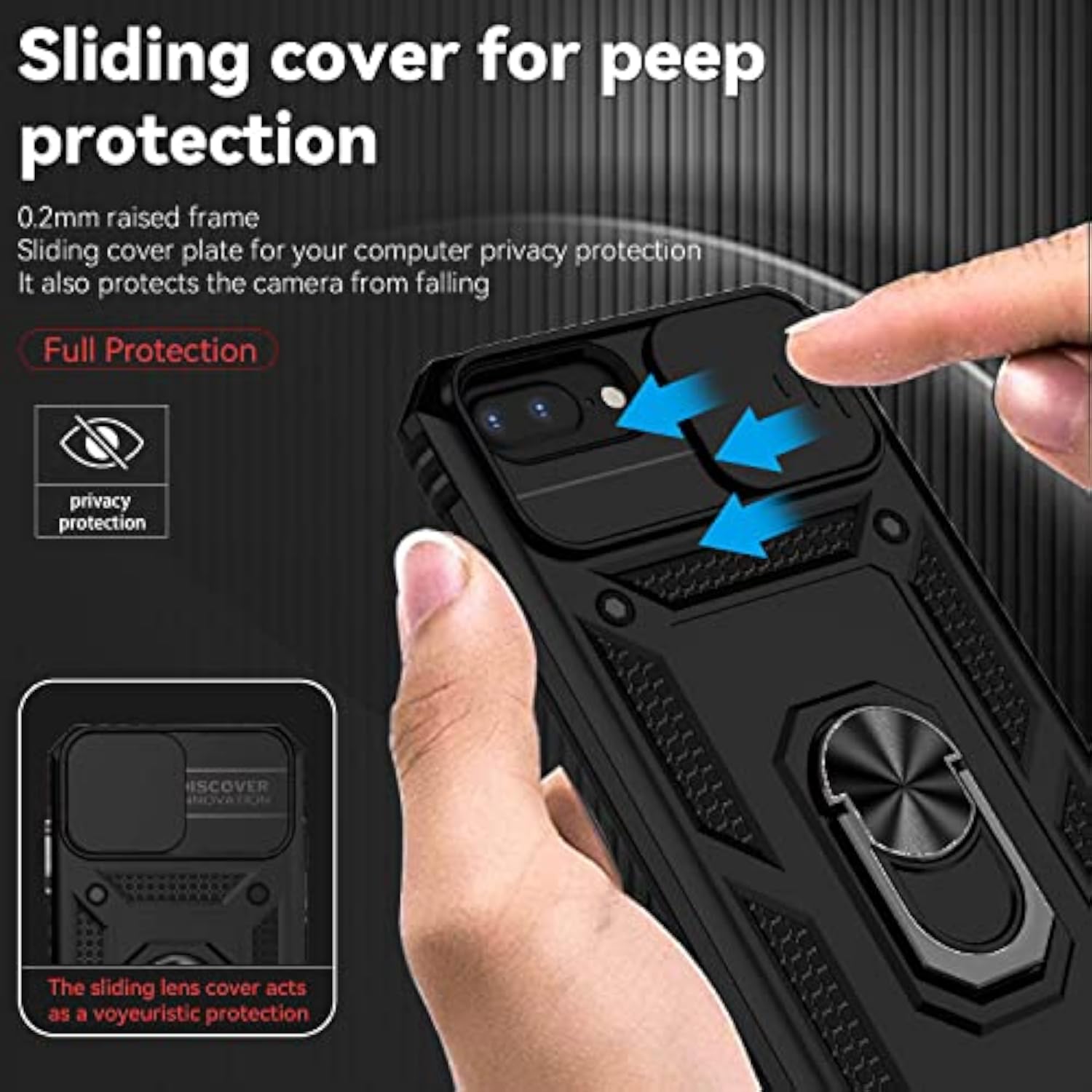 Military Grade Shockproof Protective Case for iPhone 8 Plus, iPhone 7/6 Plus, with Slide Camera Cover and HD Screen Protector, Rotated Ring Kickstand, Black
