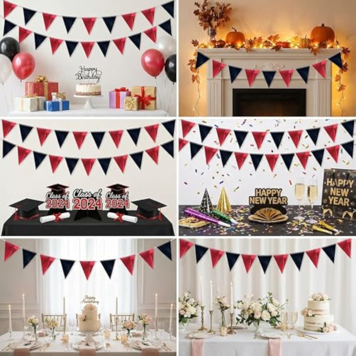 64Ft Black Red Triangle Pennant Banner Flag Metallic Paper Bunting Garland For Hanging Backdrop Birthday Party Decorations Graduation Bachelorette Bridal Wedding Baby Shower New Year Party Supplies