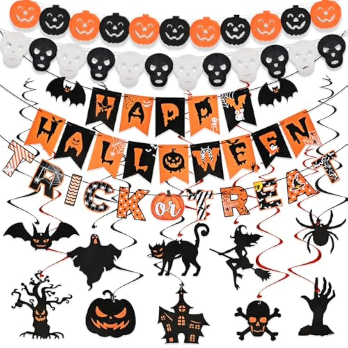 Halloween Party Decoration Set Reusable Indoor Kit with Banner Trick or Treat Sign Swirls