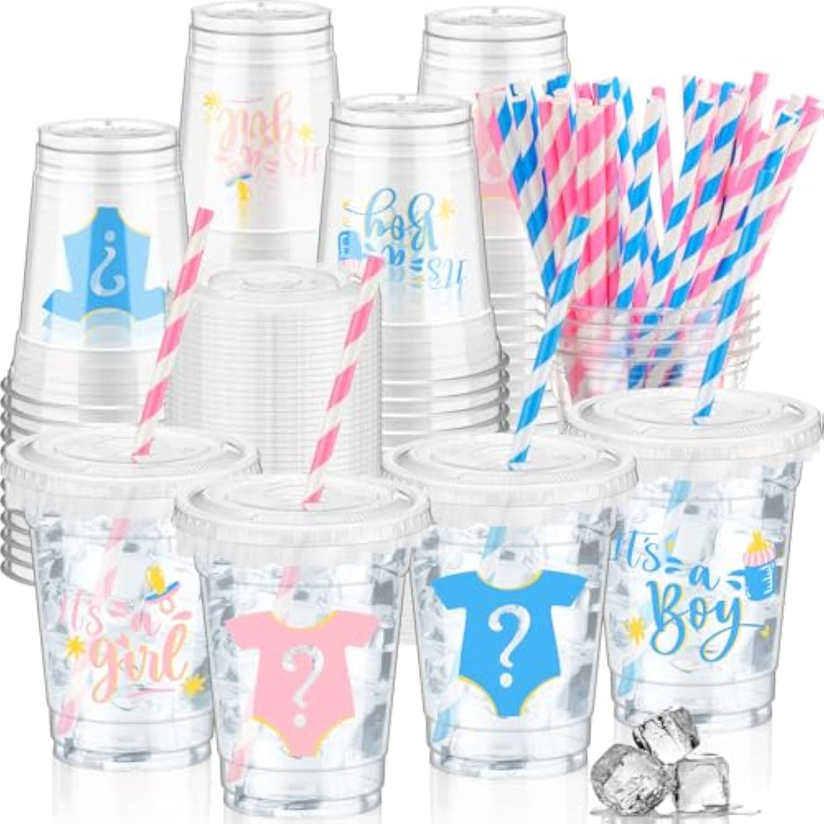 50 Pcs Gender Reveal Cups Gender Reveal Party Supplies 12 Oz Party Plastic Cups Boy Or Girl Clear Cup With Lids Straws Blue And Pink Baby Shower Decorations It'S A Boy Or It'S A Girl