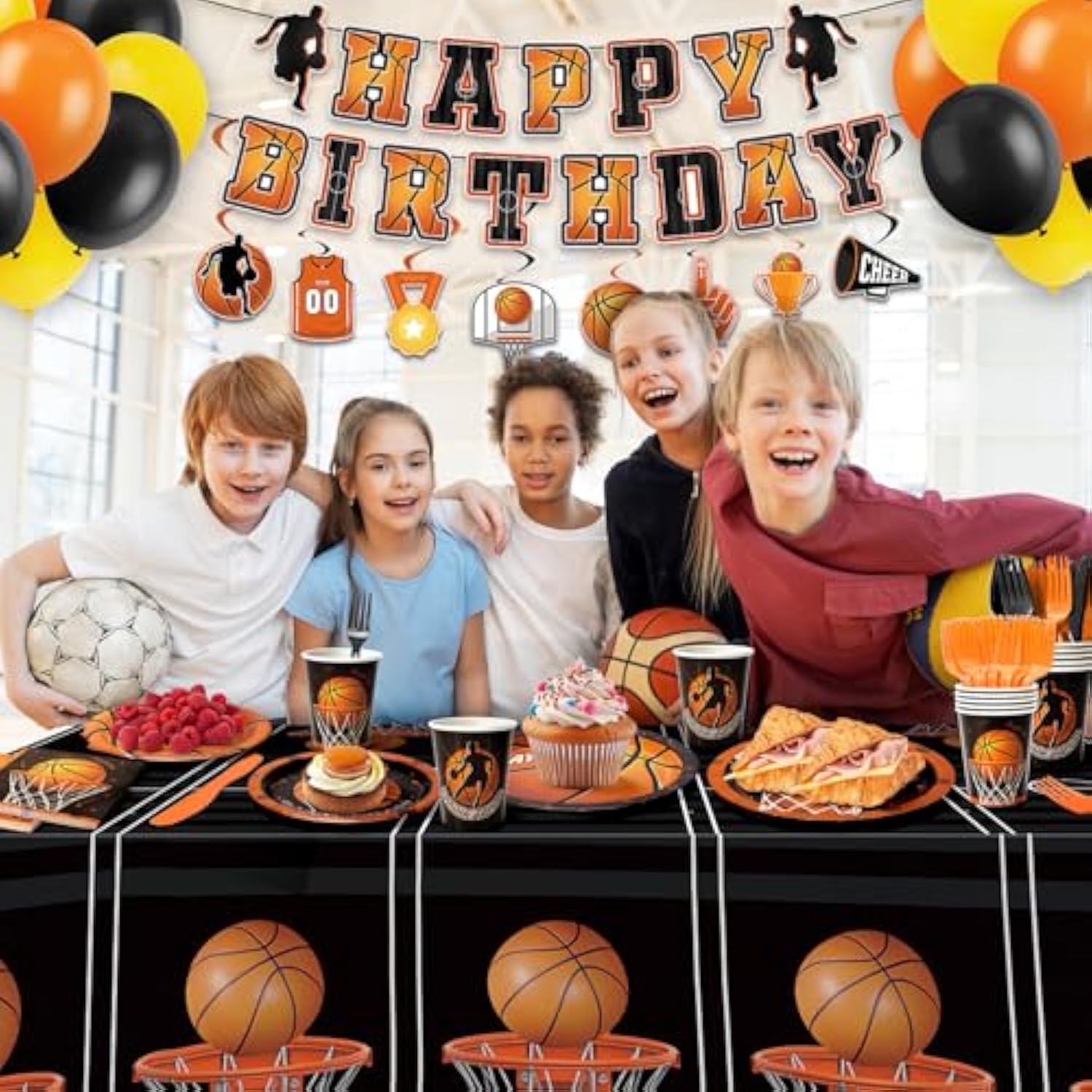 185Pcs Basketball Party Decorations & Supplies, Serves 26 - Include Plates And Napkins, Banner, Hanging Swirls, Cups, Utensils, Balloons, Tablecloths For Basketball Birthday Party