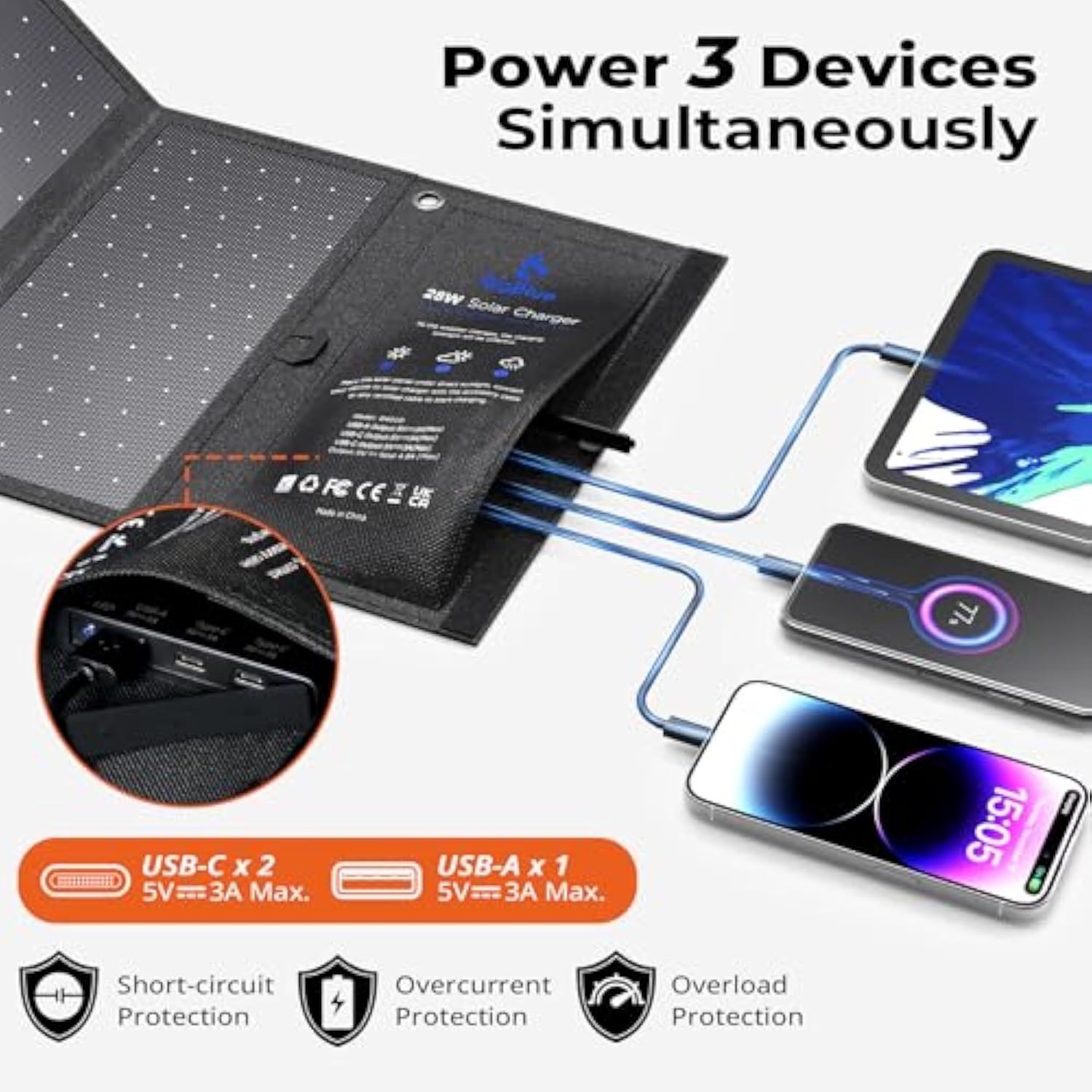 [Upgraded] 3 Usb Ports 28W Solar Charger(5V/4.8A Max), Portable Foldable Solar Panel For Camping, Ip44 Waterproof, Compatible With Iphone 11/Xs/Xs Max/Xr/X/8/7, Ipad, Samsung Galaxy Lg Etc.