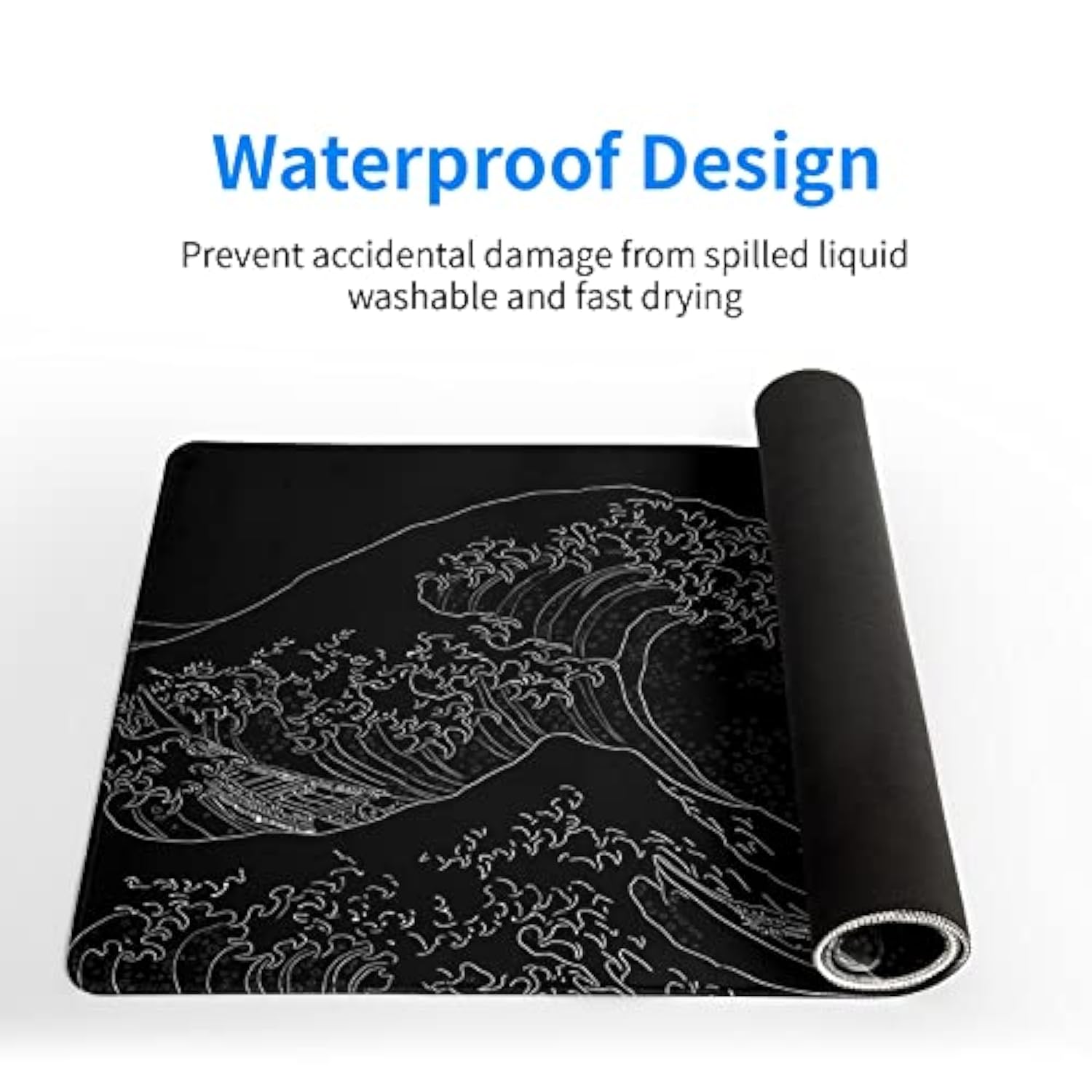 Japanese Sea Wave Large Mouse Pad, Anime Black Gaming, Extended Kanagawa Mat Desk Pad, M Thick Long Non-Slip Rubber Base Mice Pad, 31.5 X 11.8 Inch