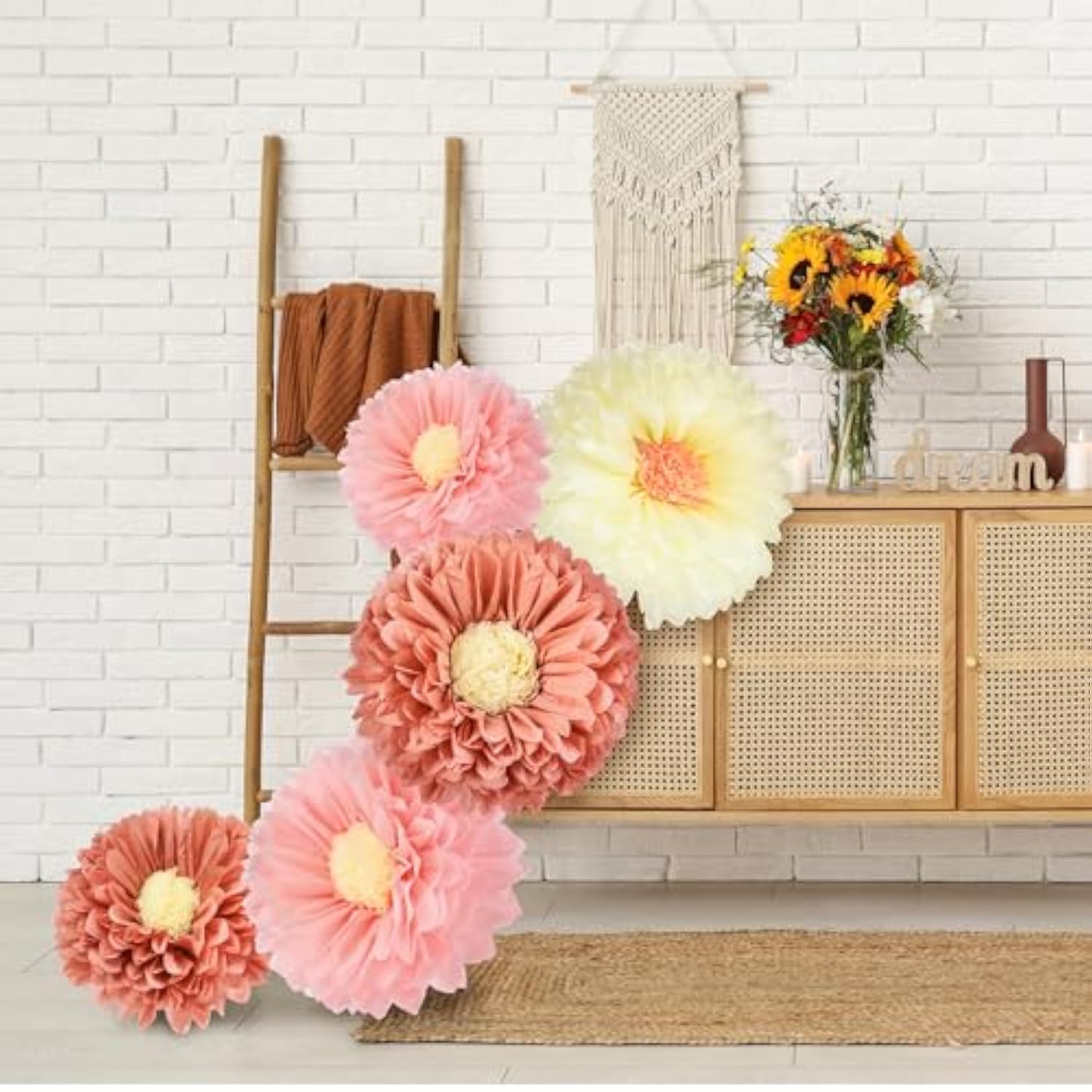 5 Pcs Gaint Boho Tissue Paper Flowers Decoration 30'' And 24'' Hanging Tissue Paper Pom Poms Decor For Boho Birthday Bachelorette Wedding Baby Shower Bridal Shower Party Decoration