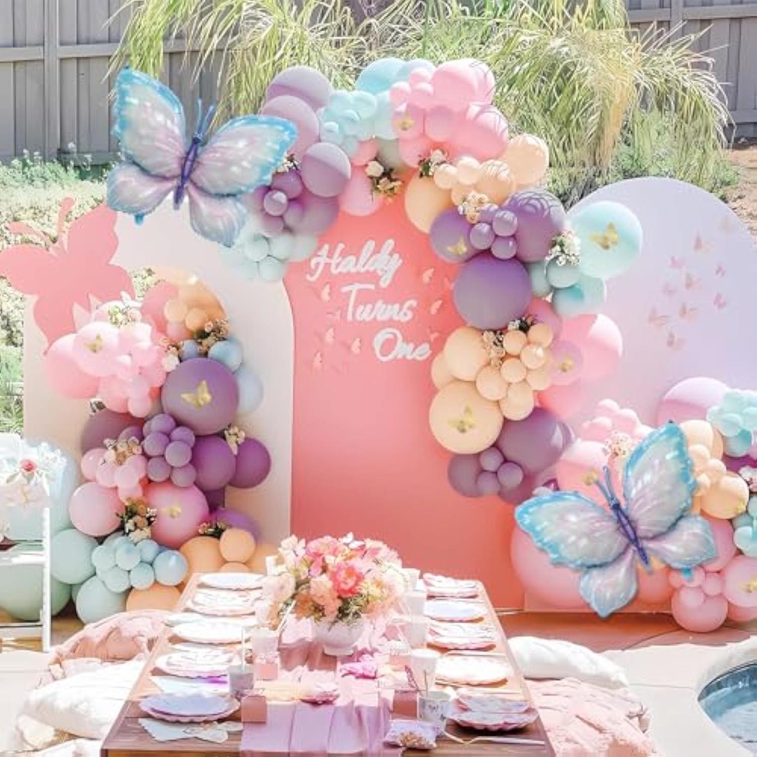 142pcs Butterfly Balloon Arch Kit with Pastel Balloons & Foil Butterflies