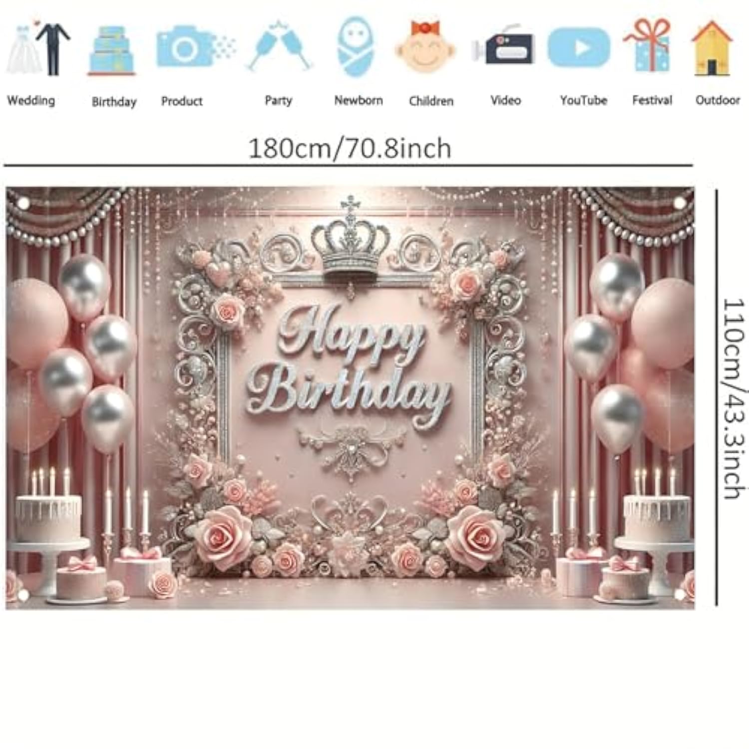 Elegant Pink Princess Birthday Banner Backdrop with Crown & Roses