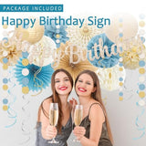 Dusty Blue Beige Champagne Women Birthday Decorations, Boho Neutral Boys Girls Blue Party Décor With Fog Cream Gold Balloons,Happy Banner Garland,Paper Lanterns, Honeycomb Tissue Pom Poms For Adults