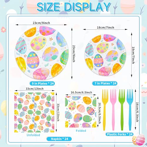 96 Pieces Easter Paper Plates and Napkins Tableware Set, Colorful Eggs Disposable Dinnerware with Plates, Napkins, Forks for Easter Spring Party Supplies-Serves 24