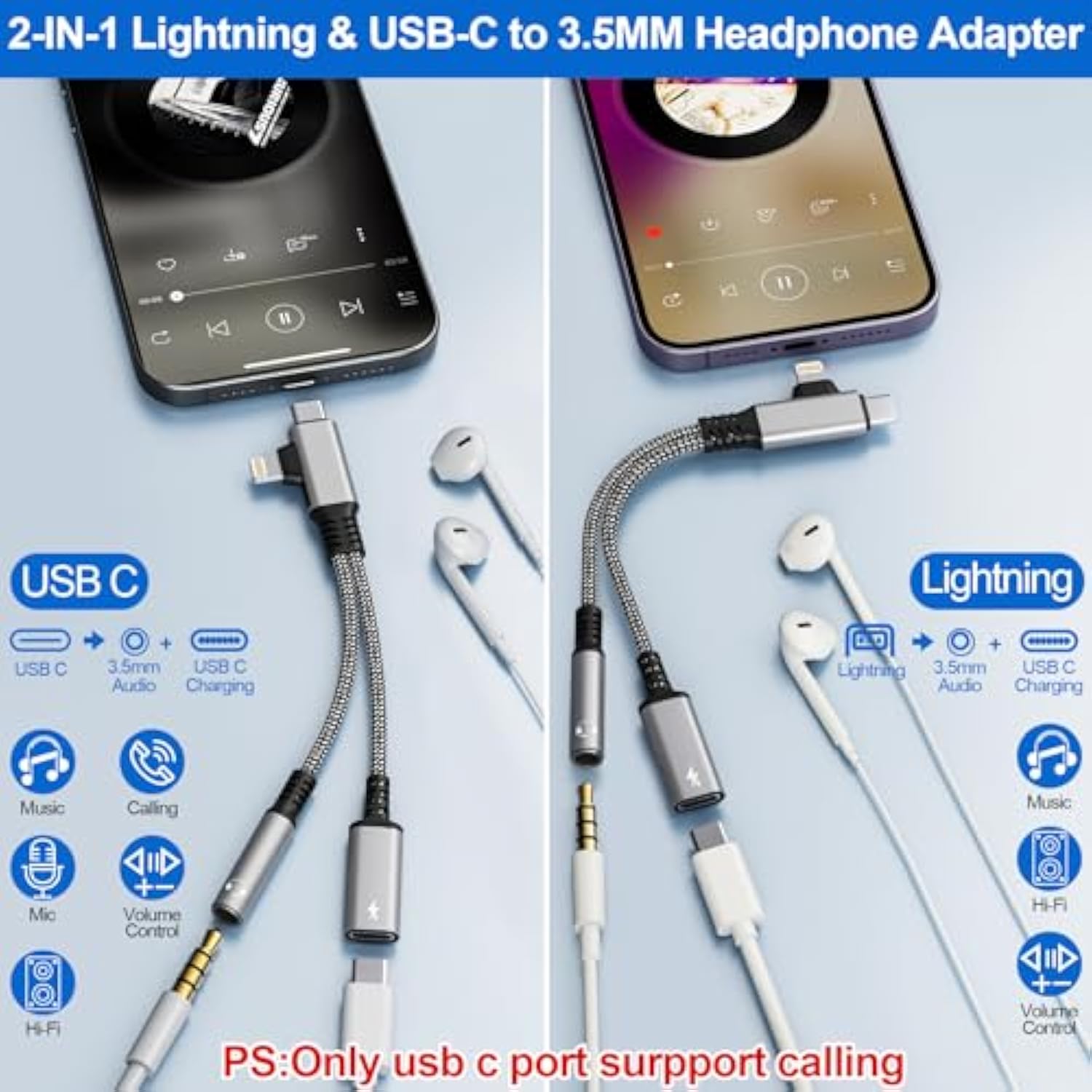 2 In 2 Lightning Splitter Headphone And Charging, Lightning To 3.5Mm Splitter, Usb C To 3.5Mm Jack Audio Adapter, Usb C Charger Dongle Dongle For Iphone 16/15/14/Galaxys22/Pixel