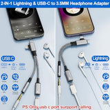 2 In 2 Lightning Splitter Headphone And Charging, Lightning To 3.5Mm Splitter, Usb C To 3.5Mm Jack Audio Adapter, Usb C Charger Dongle Dongle For Iphone 16/15/14/Galaxys22/Pixel