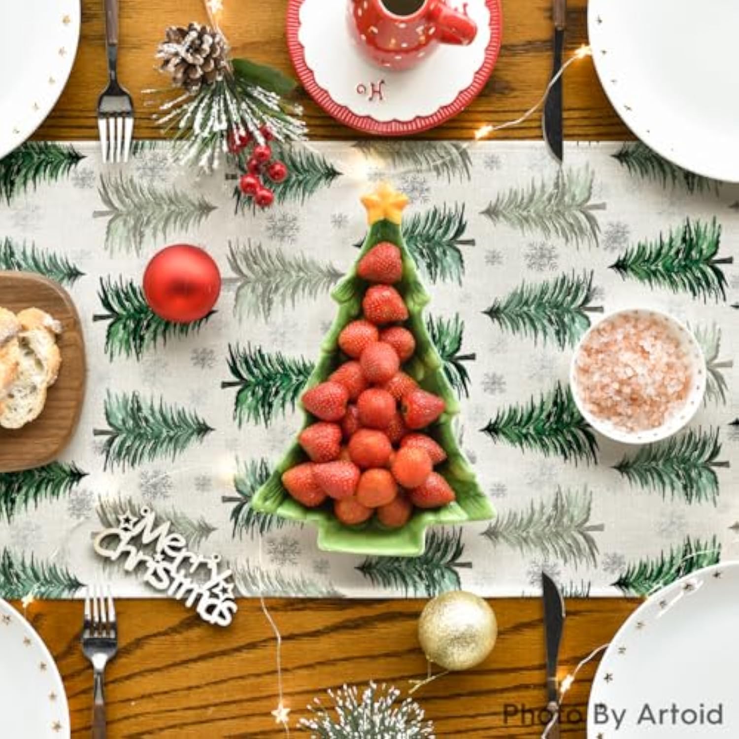 Xmas Trees Snowflake Christmas Table Runner, Seasonal Winter Green Kitchen Dining Table Decoration For Home Party Decor 13X72 Inch