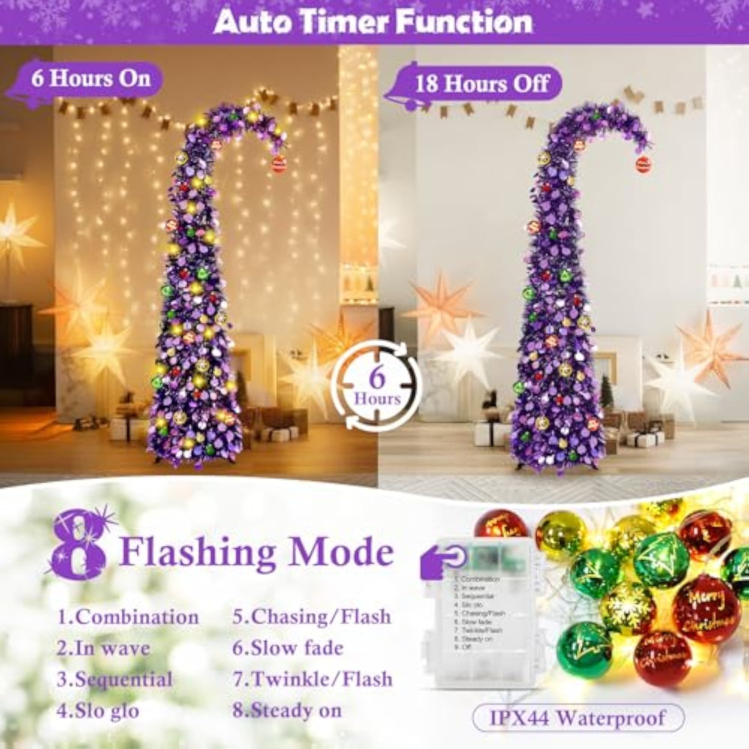 Whimsical Christmas Tree With Ball String Lights 5Ft Pop Up Curved Tree With 15 Ball Lights & Hanging Ornaments Collapsible Tinsel Tree For Apartment Porch Home Xmas Decorations,Purple