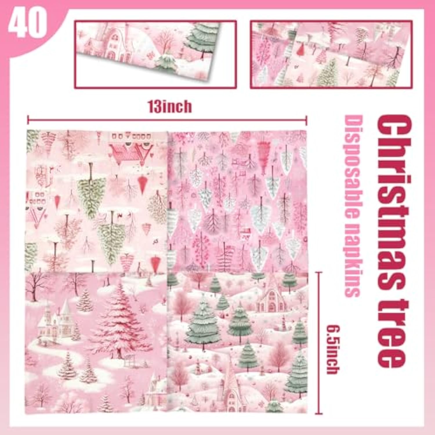 Pink Christmas Tree Napkins-40Pcs Disposable Paper Napkins Holly Merry Christmas Cocktail Napkins For Winter Xmas Party Decorations
