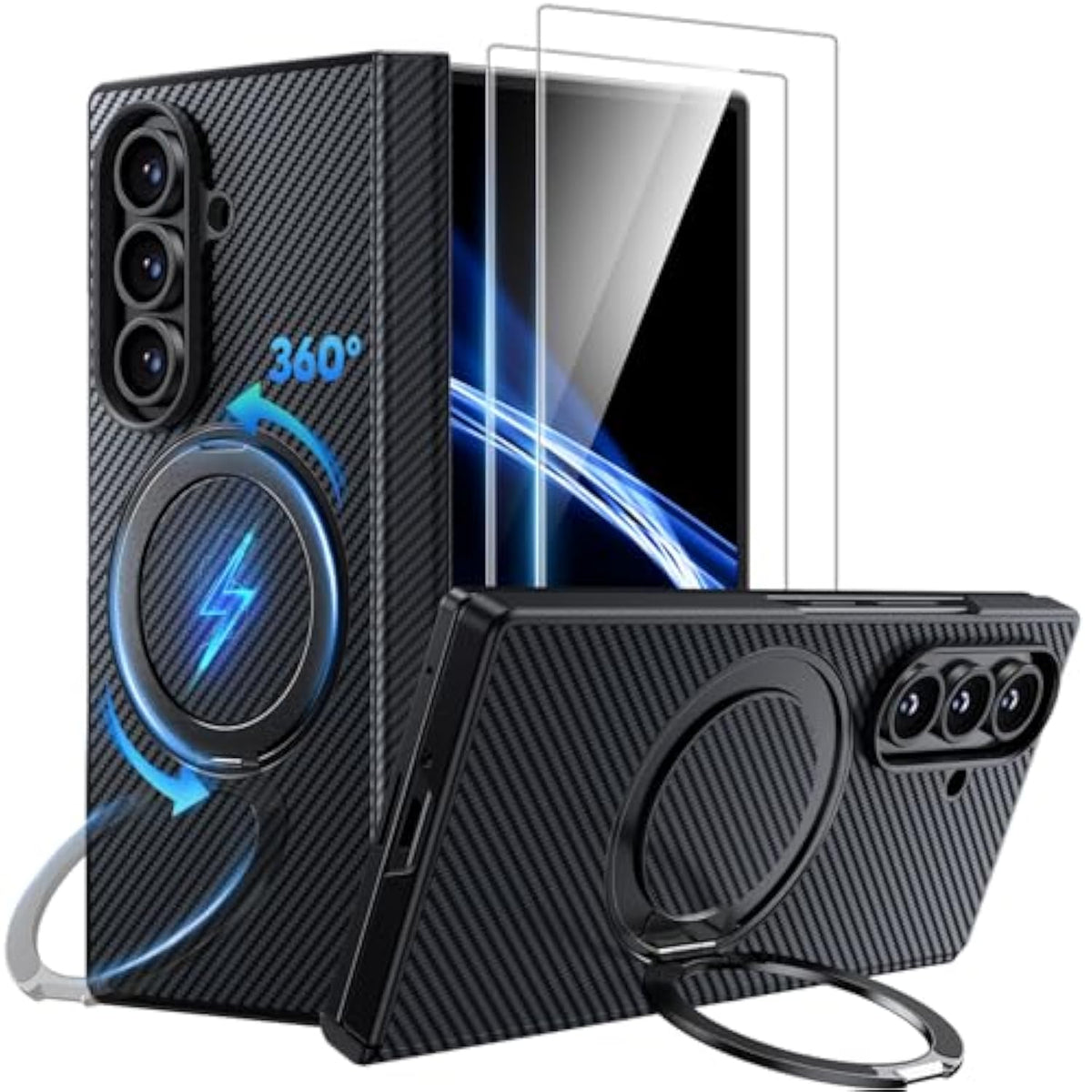 For Samsung Galaxy Z Fold 7 Case With 360° Magnetic Stand - Military Grade Shockproof Case With 2 X Screen Protector, Compatible With Magsafe, Carbon Fiber Texture Design For Z Fold 7, Black