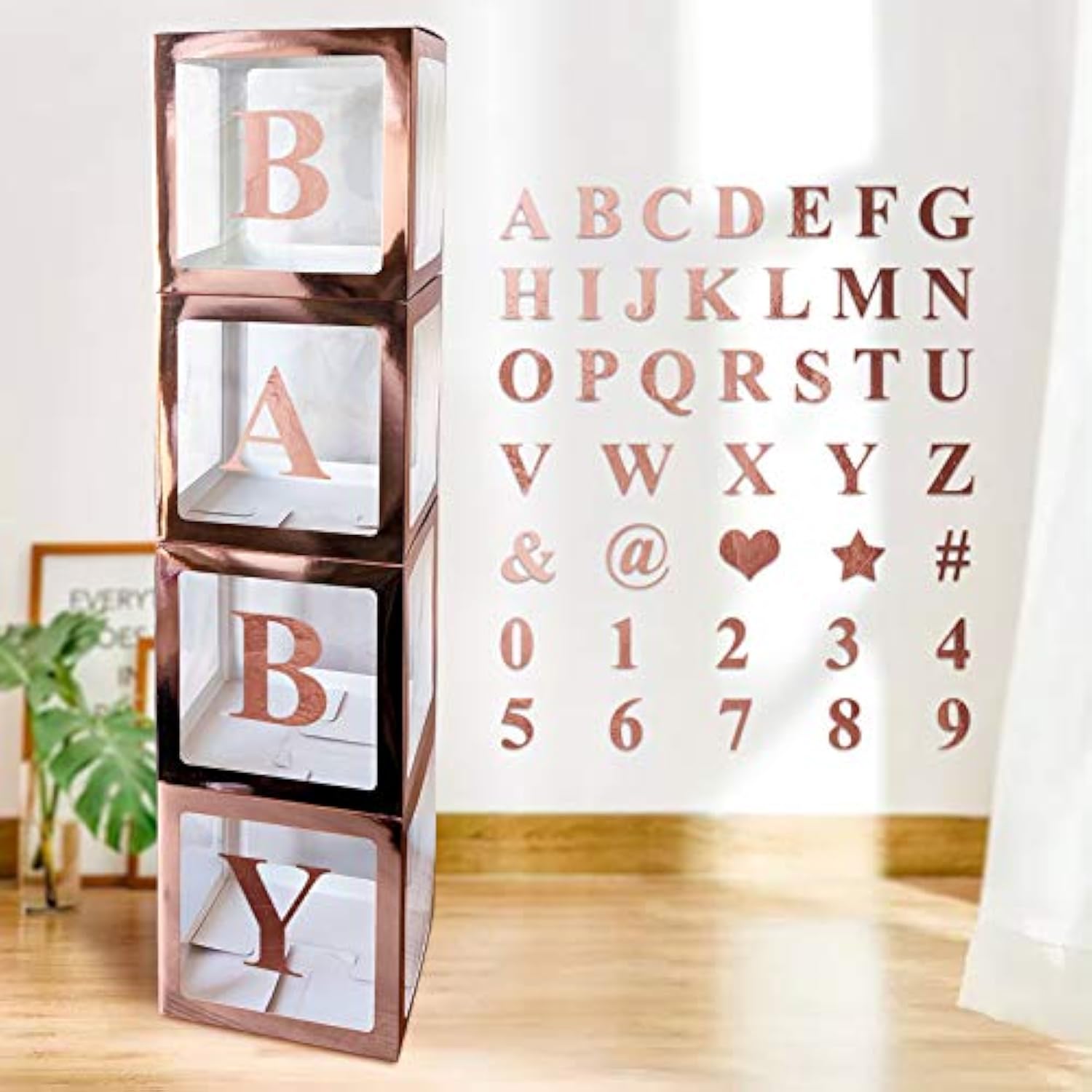 Baby Shower Decoration Boxes Kit, 4 Pcs Rose Gold Transparent Balloon Boxes With 30 Letters 10 Numbers 5 Symbols, Baby Blocks For Baby Shower Gender Reveal Backdrop Birthday Party Decor