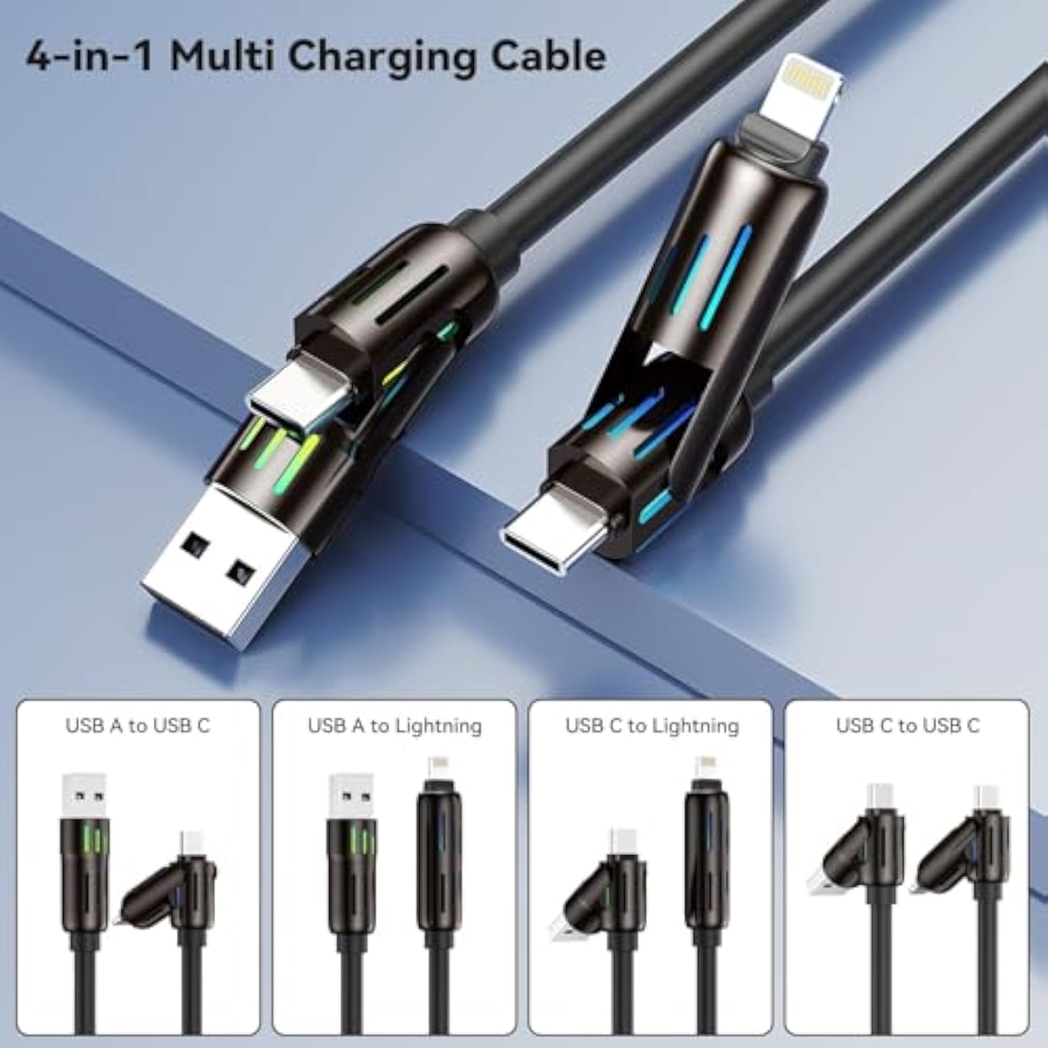 4 In 1 Charging Cable 240W, Type C Charger Fast Charging Cable, Usb To Usb C Cable Nylon Braided Usb A/C To C/Lightning Multi Iphone Charger Cord For Iphone 16 15 14 13, 6.6Ft/2M