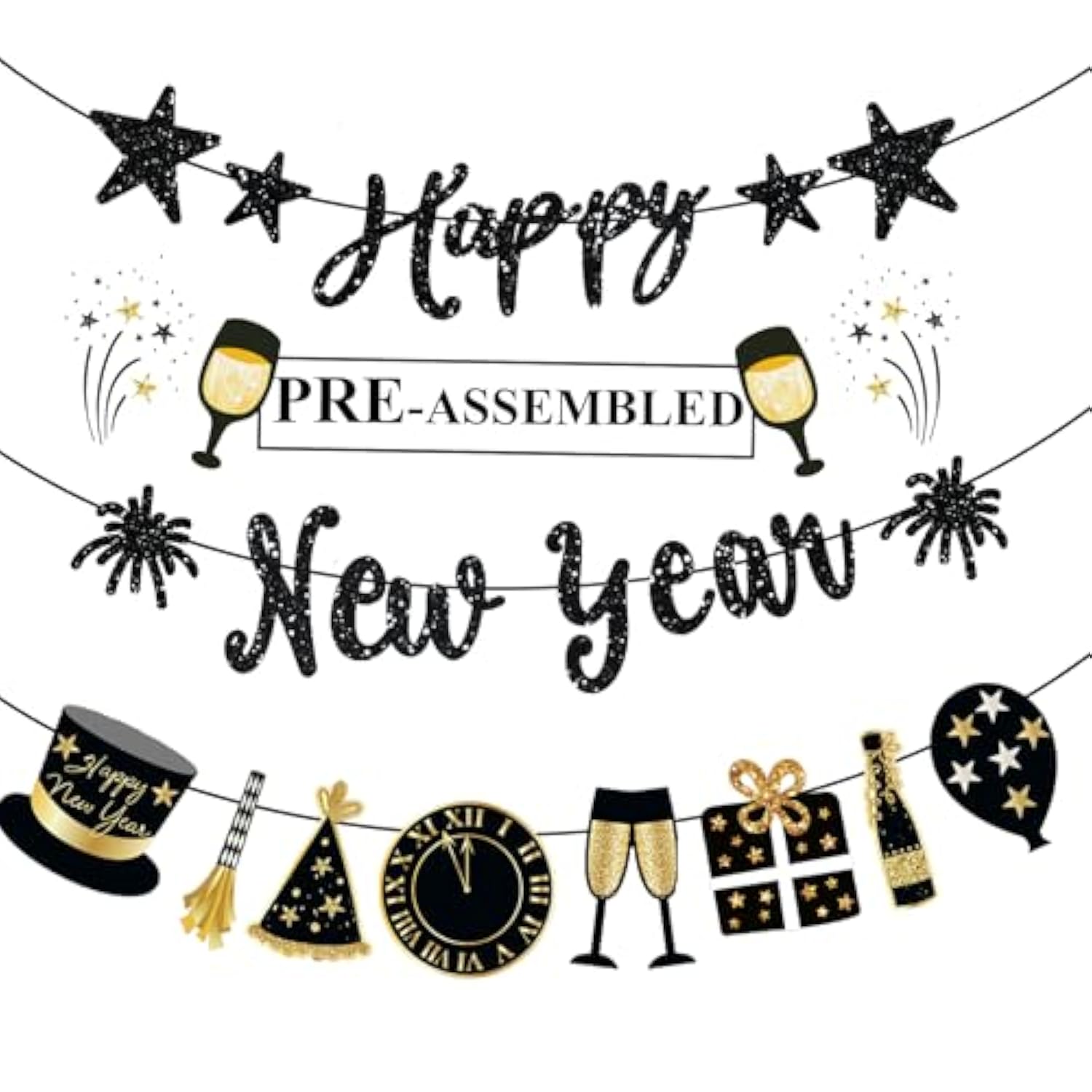Happy New Year Banner 2026 Black Glitter Pre-Strung Party Garland Decorations