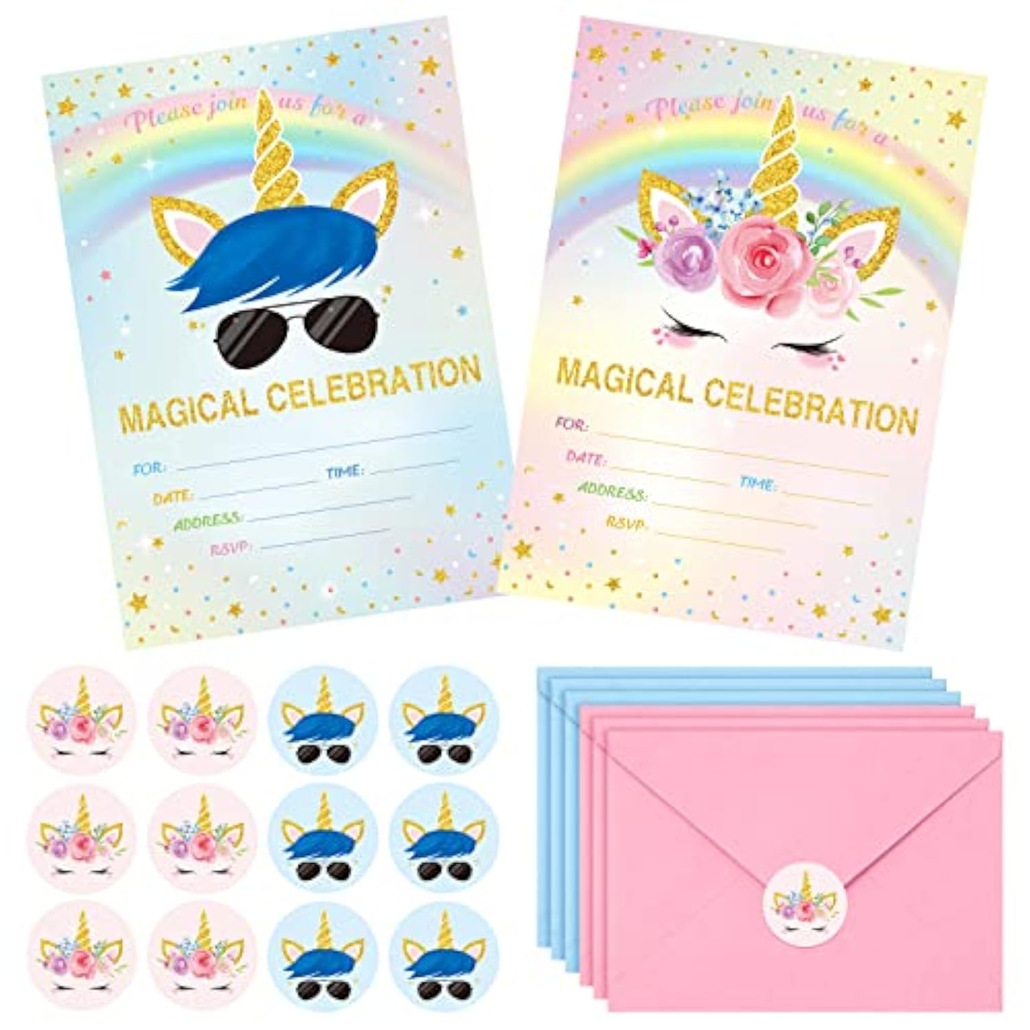 24 Set Unicorn Party Invitation With Envelope And Sticker Rainbow Party Supplies For Girls Boys Fill In The Blank Invites For Kids Birthday Baby Shower Decoration(Girls Unicorn, Boys Unicorn)