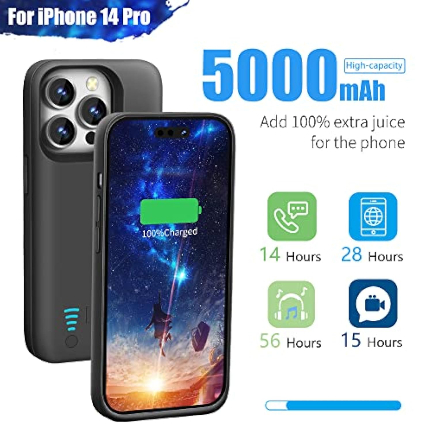 Battery Case For Iphone 14 Pro, 5000Mah Rechargeable Extended Battery Charging Charger Case, Add 100% Extra Juice (6.1 Inches) Black