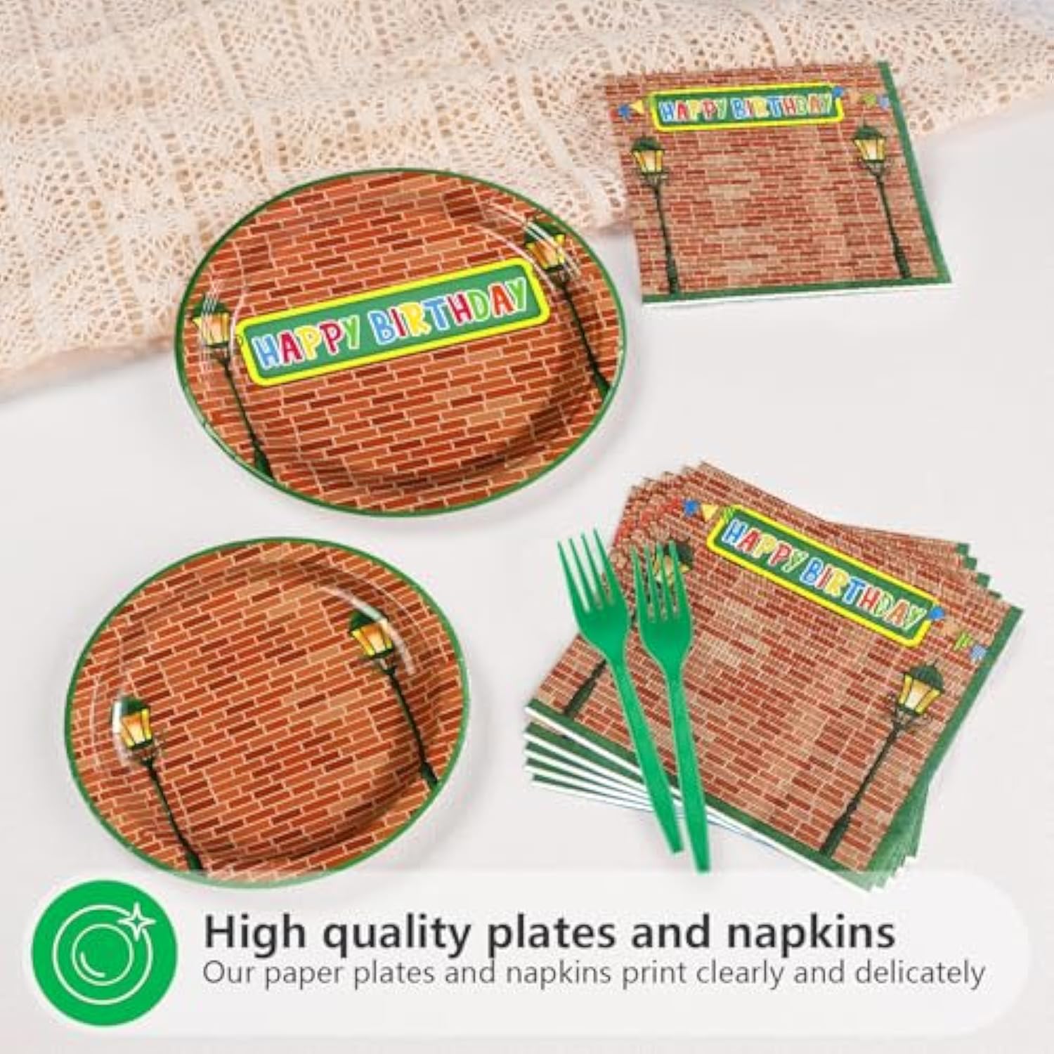 96 Red Brick Wall Street Party Supplies Modern Cartoon Sesame Plates And Napkins Tableware Sets Sesame Birthday Disposable Plate For Kids Birthday Baby Shower Serves 24