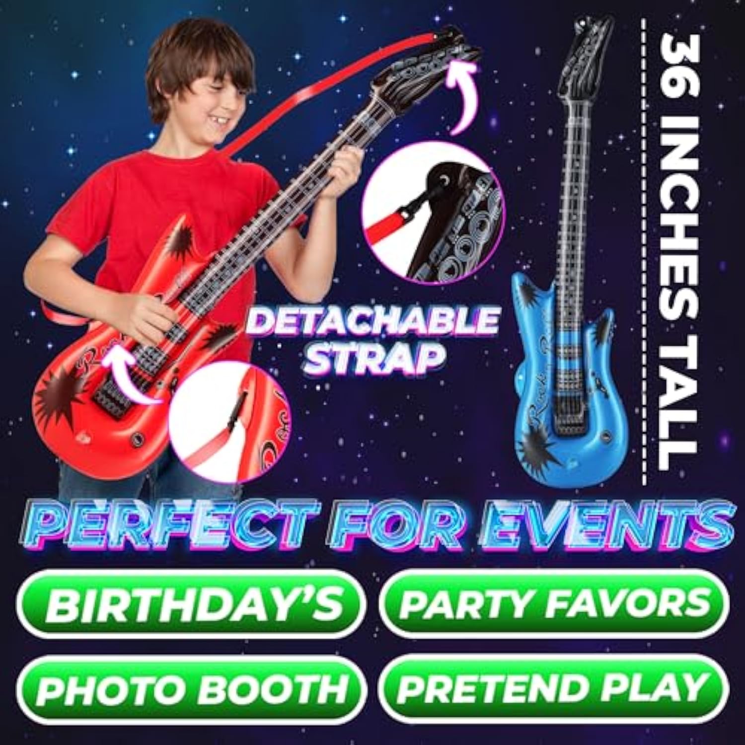 Inflatable Guitar For Kids - (Pack Of 6) 36-Inch Neon Blow Up Guitar Instruments, Party Favors, Giveaways, Dj-Props, Photo-Booth, Birthdays, Rock Star, Rock And Roll Party Decorations