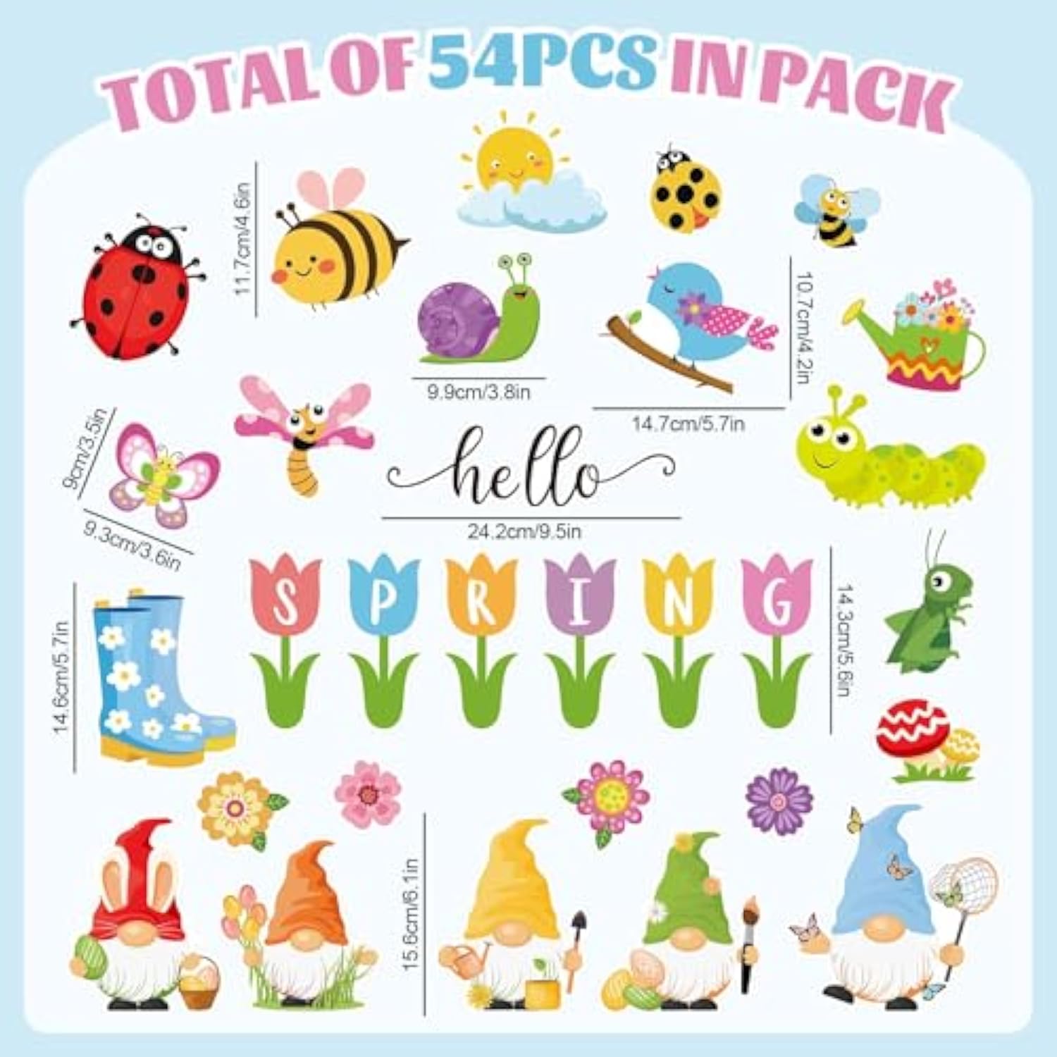 54Pcs Hello Spring Cutouts Tulip Flower Gnome Butterfly Bee Paper Cut-Outs With 100Pcs Glue Points Cute Cartoon Bulletin Board Decor For Diy Craft Art School Classroom Home Party