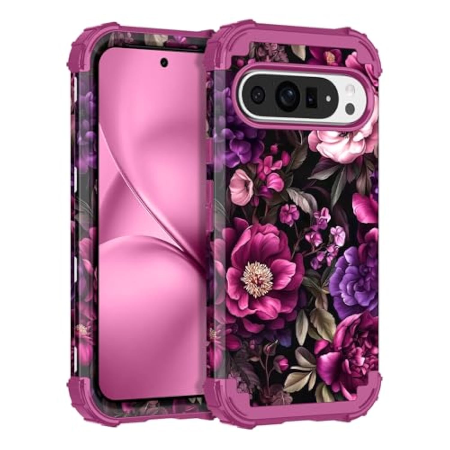 For Google Pixel 10/10 Pro Case, Floral Shockproof Rugged Heavy Duty 3 In 1 Hybrid Sturdy High Impact Protective Cover, Magenta