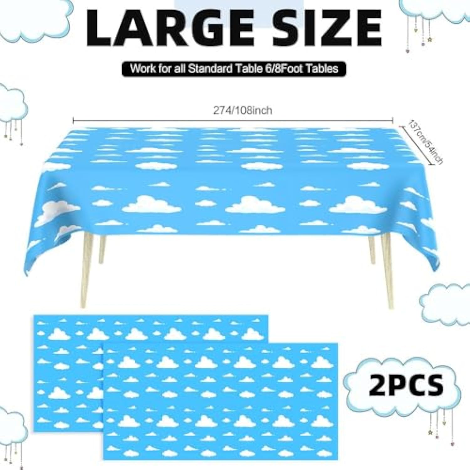 Blue Sky White Clouds Tablecloth, 2 Pcs Disposable Cartoon Clouds Plastic Table Cloth Table Cover For Boys Girls Baby Showers Cartoon Story Birthday Party Supplies, Sky Themed Decorations, 54" X108"