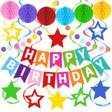 Happy Birthday Banner, Rainbow Birthday Decorations Set With 6 Honeycomb Balls, 8 Star Hanging Swirl Streamers, Circle Dots Garland Perfect For Women, Men, Boys, Girls