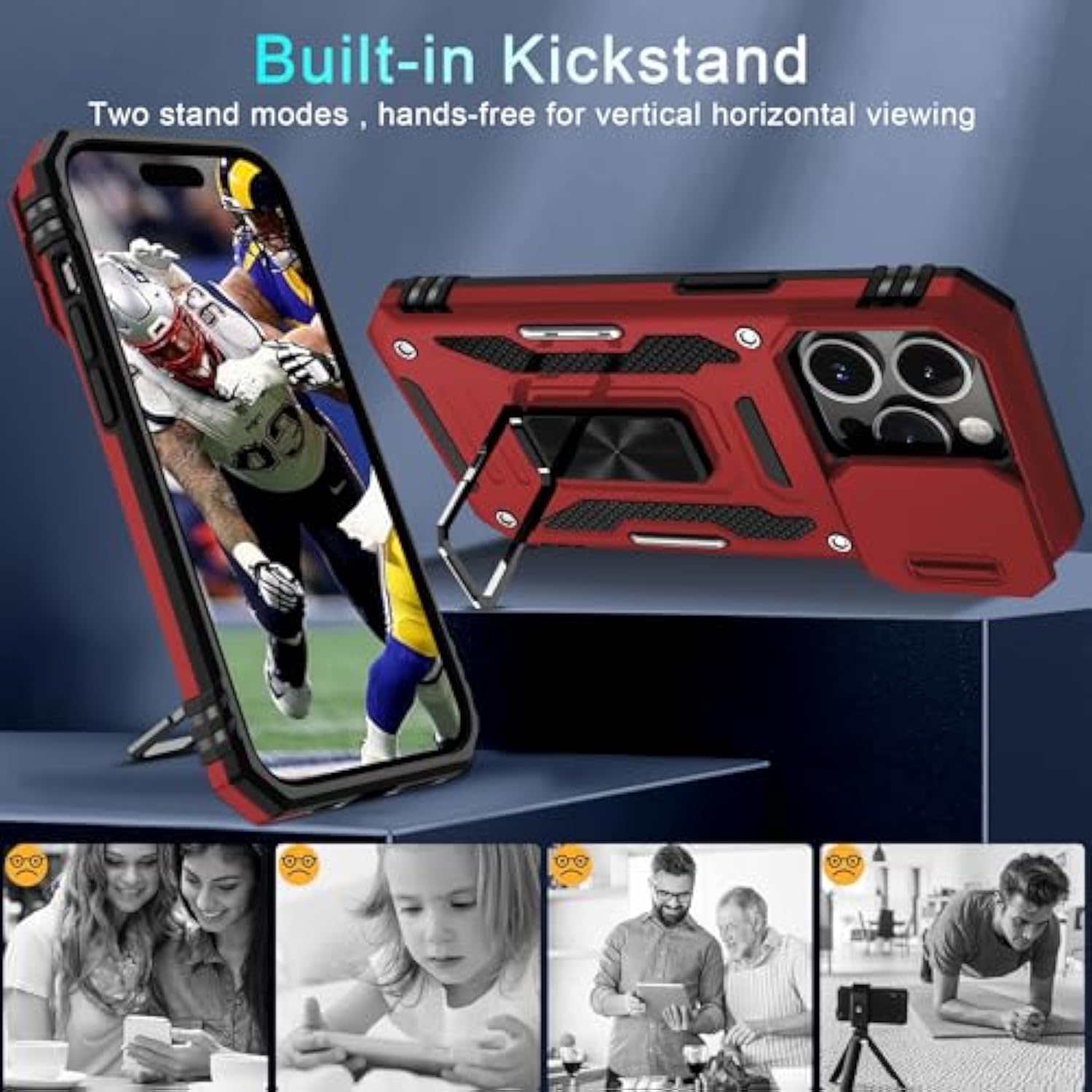 Case For Iphone 15 Pro Max With Slide Camera Cover+Screen Protector(1 Pack), Rotated Ring Kickstand Grade Shockproof Protective Cover 6.7 Inch-Red