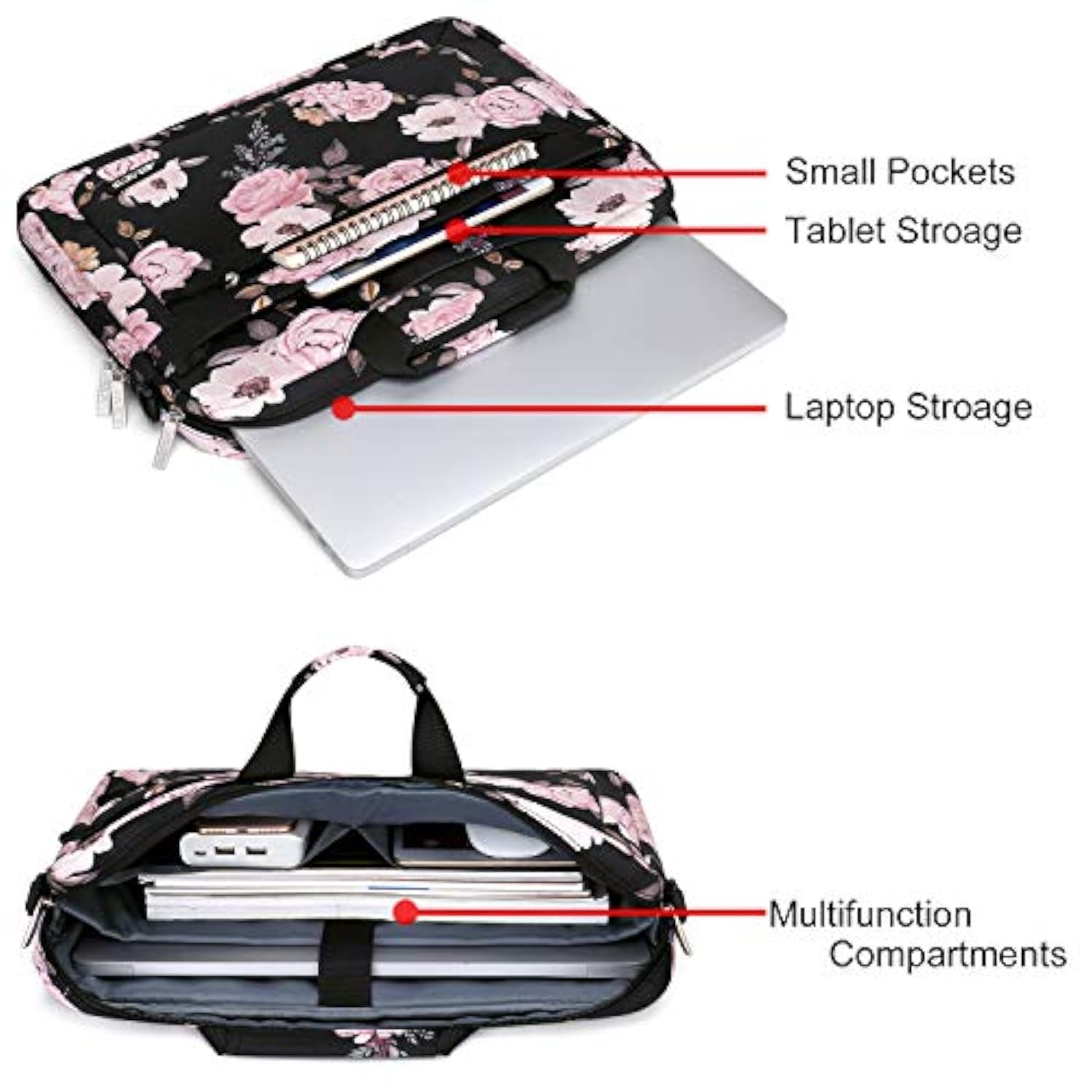 MOSISO Laptop Shoulder Bag Compatible with MacBook Air 15 inch M4 A3241 M3 A3114 M2 A2941/Pro 16 M4 M3 M2 M1 2025-2019, 15-15.6 inch Notebook, Peony Sleeve with Adjustable Depth at Bottom, Black