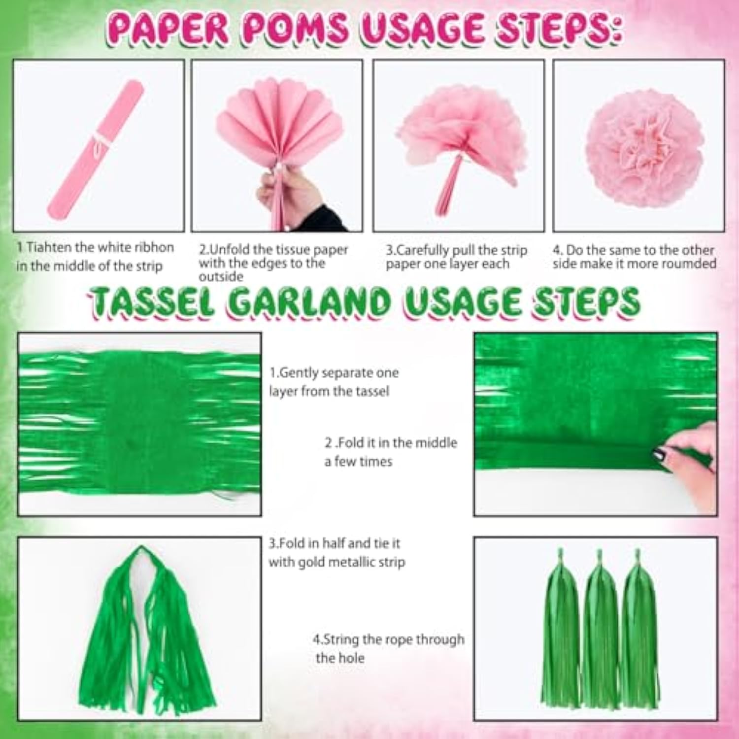 Pink And Green Party Decorations Witch And Princes Balloons Paper Pom Poms Foil Fringe Curtain Paper Tassel Garland Fans Lanterns Circle Dots Garland For Birthday Baby Shower Bridal Shower Supplies