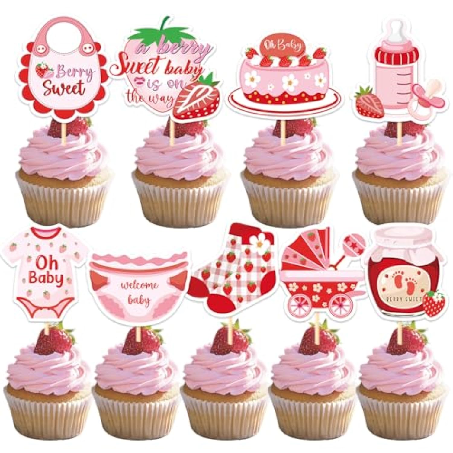 Strawberry Baby Shower Cupcake Toppers Decorations, 36Pcs A Berry Sweet Baby Is On The Way Decoration, Gender Reveal Decor For Baby Girl