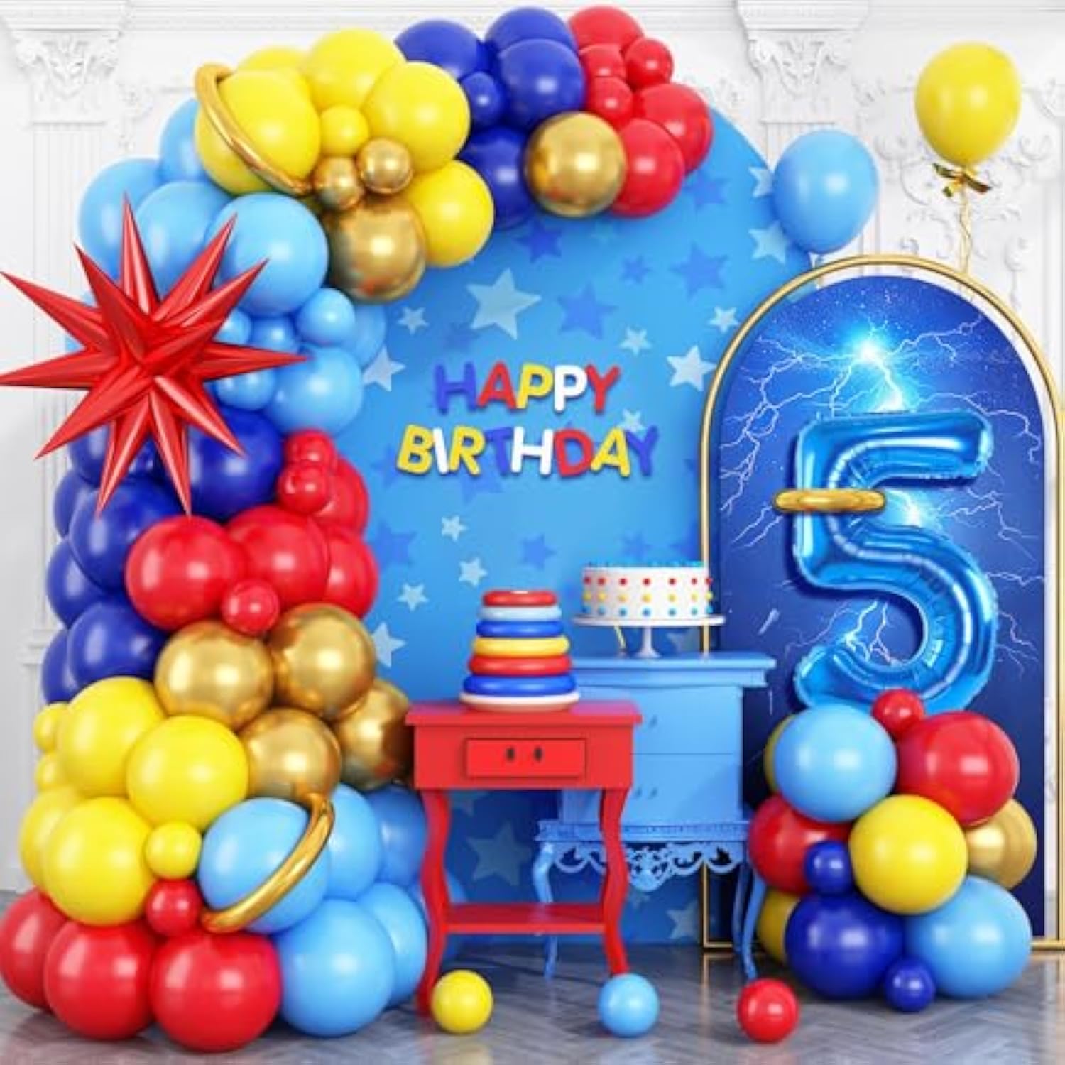 Red Blue Yellow 5Th Birthday Balloons Arch, Royal Blue Metallic Gold Balloon Garland Kit, Red Star Foil Blue Number 5 Balloon Tower For 5 Year Old Kids Boys Birthday Baby Shower Party Decorations