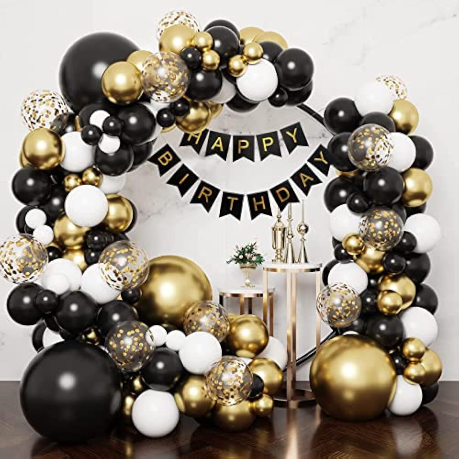 65Pcs 12 Inches Black Gold Confetti Balloons Kit, Metallic Gold And Black White Party Balloons With Ribbons For Birthday, Wedding, Baby Shower, Graduation, Happy New Year Decorations