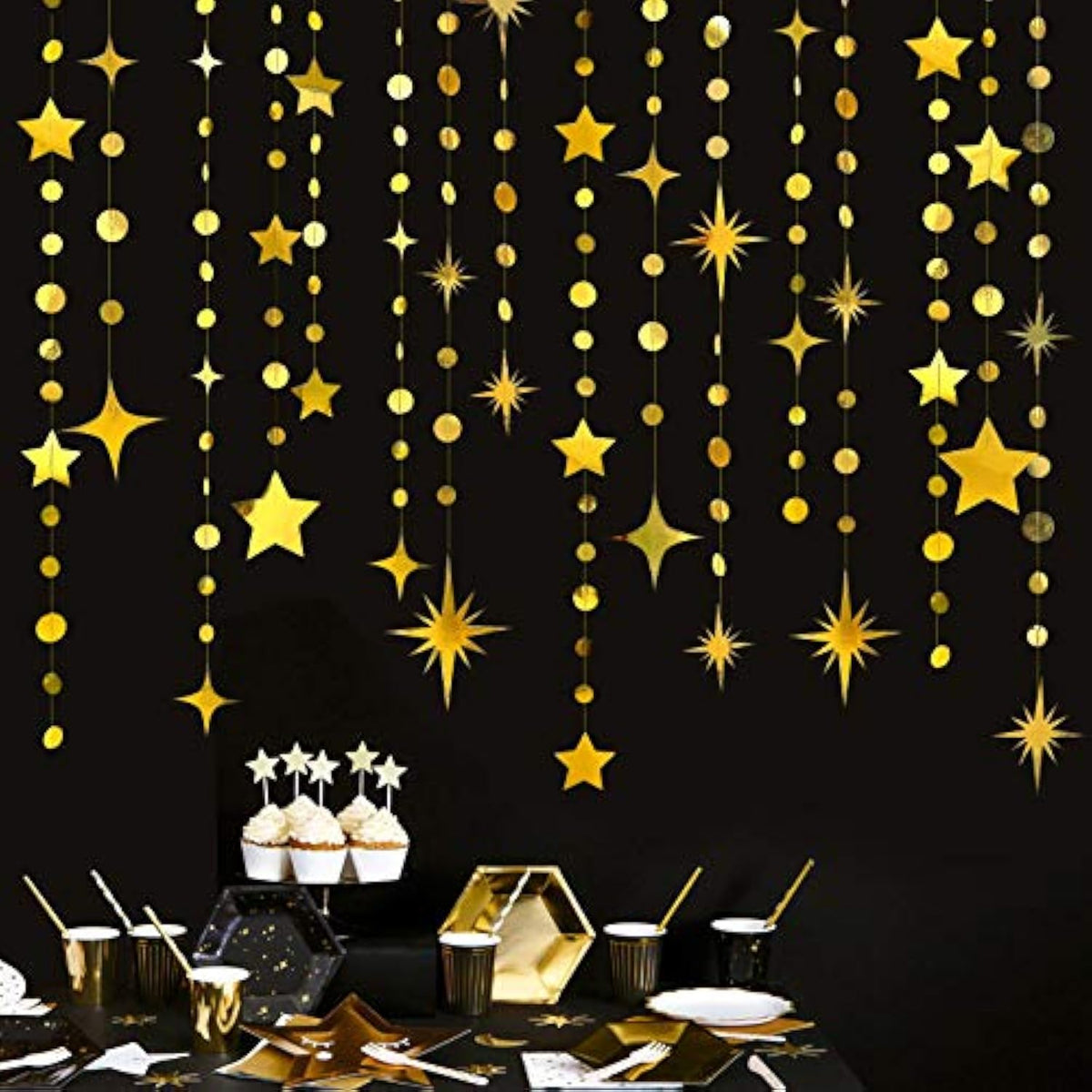 Gold Party Decorations Star Circle Dot Paper Garland Banner Bunting Streamer Metallic Hanging Twinkle Star Decoration For Christmas Birthday Baby Shower Wedding Festival Engagement Kids Room Decor