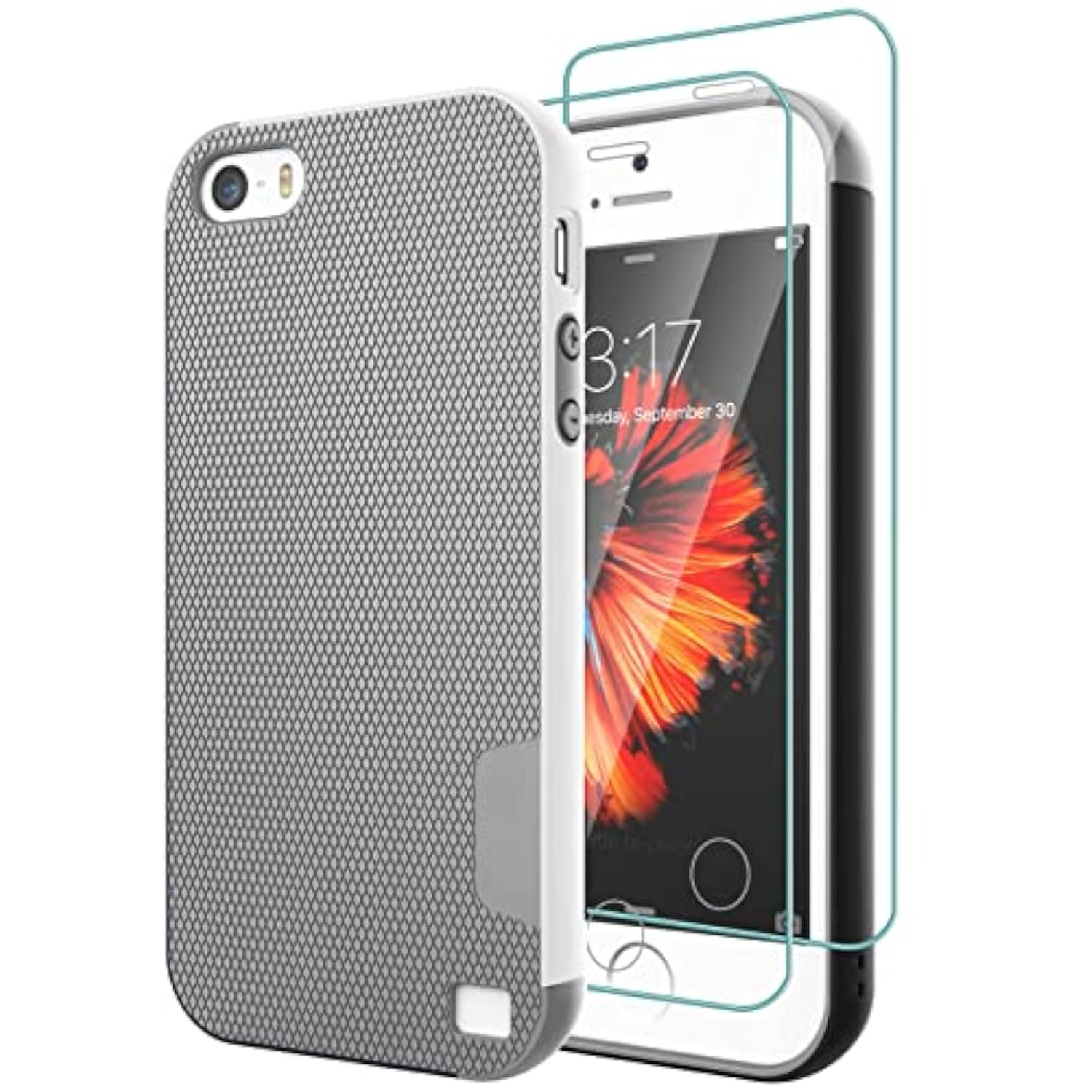 Case For Iphone Se (1St Gen - 2016), Case For Iphone 5S With 2 Pack Tempered Glass Screen Protector, Contrasting Colors Ultra Slim One-Piece Anti-Slip Rugged Soft Tpu Bumper Shockproof Case - Gray