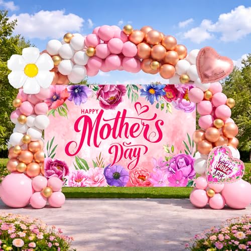 Mothers Day Decorations, 153PCS Mother’s Day Decorations for Party Pink Rose Gold Balloons with Large Happy Mother’s Day Banner Backdrop, Mothers Day Balloon Arch Kit