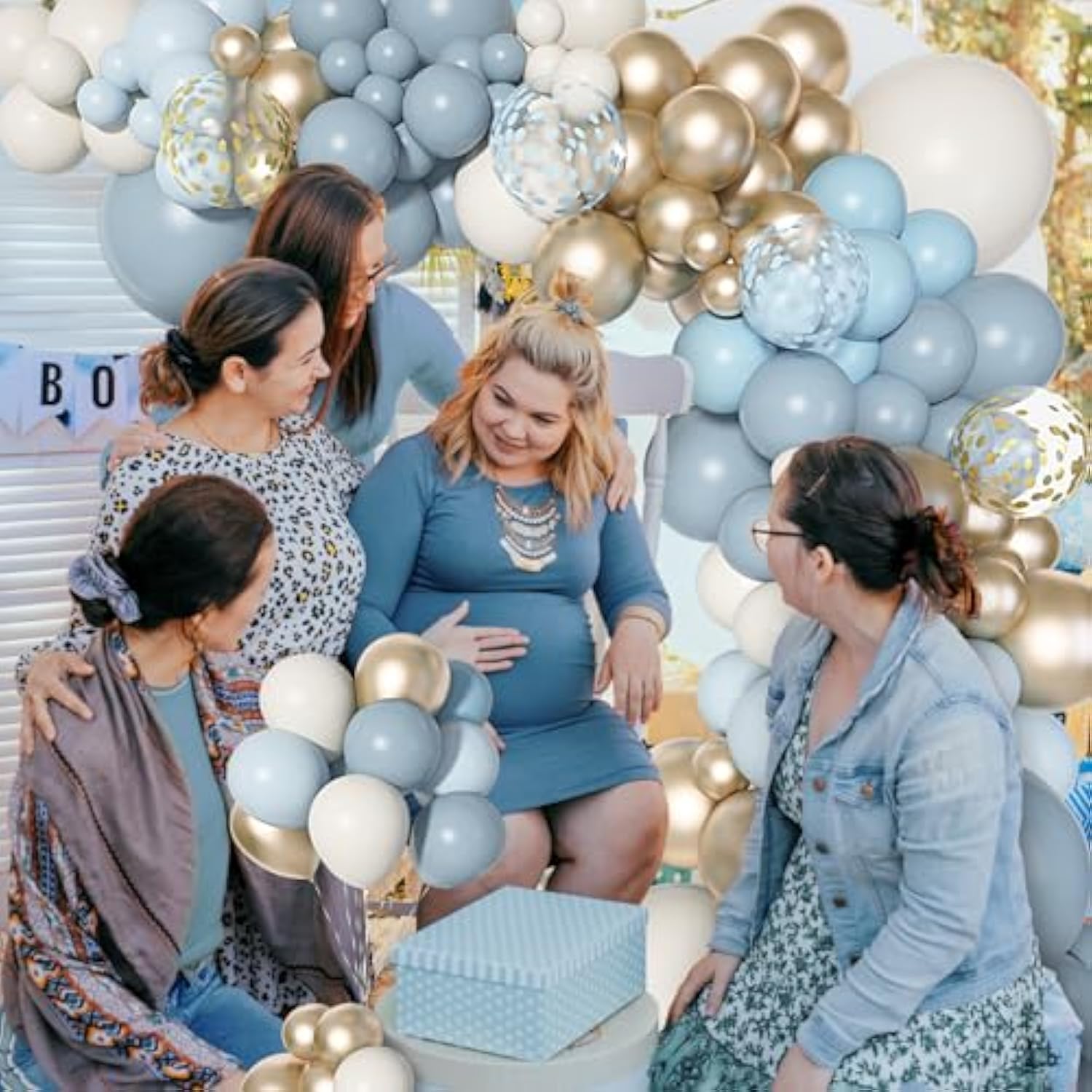 180pc Dusty Blue Balloon Arch Kit with Gold & White Balloons for Baby Shower