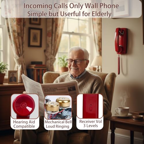 No Dial Wall Phone For Elderly Dementia, No Dialpad Wall Telephone For Older,Incoming Calls Only Wall Phones For Senior, 2554 Wall Telephone Without Keypad For Memory Care,Home,Bar,Garage, Red
