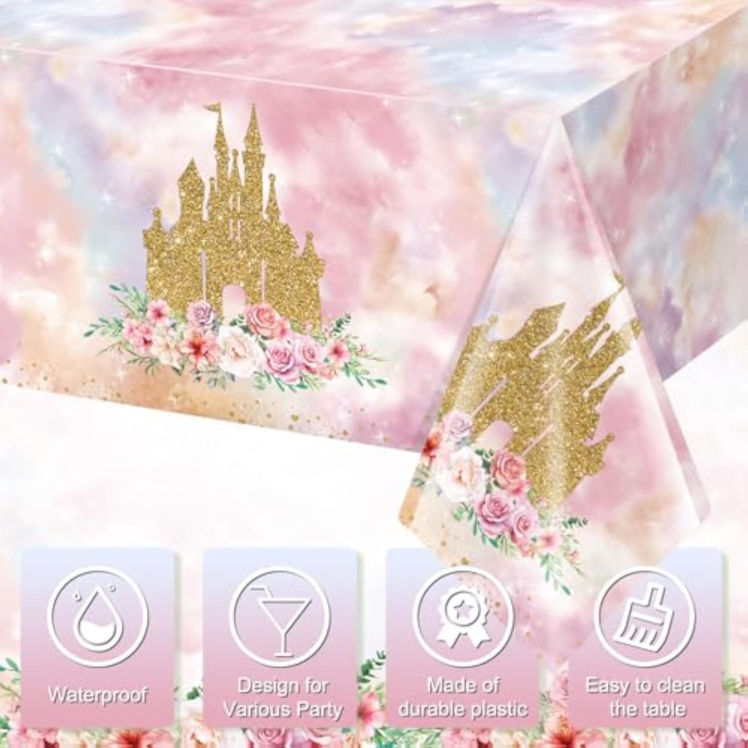 1 Pack Princess Tablecloths Birthday Decorations,Plastic Pink Rose Castle Table Cloth For Parties,Disposable Rectangle Floral Table Cover For Baby Shower Girls Birthday Party Supplies,54X108 Inch