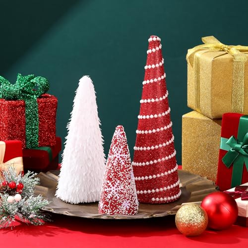 3 Pcs Christmas Cone Trees Glitter Table Decor, Red White Style