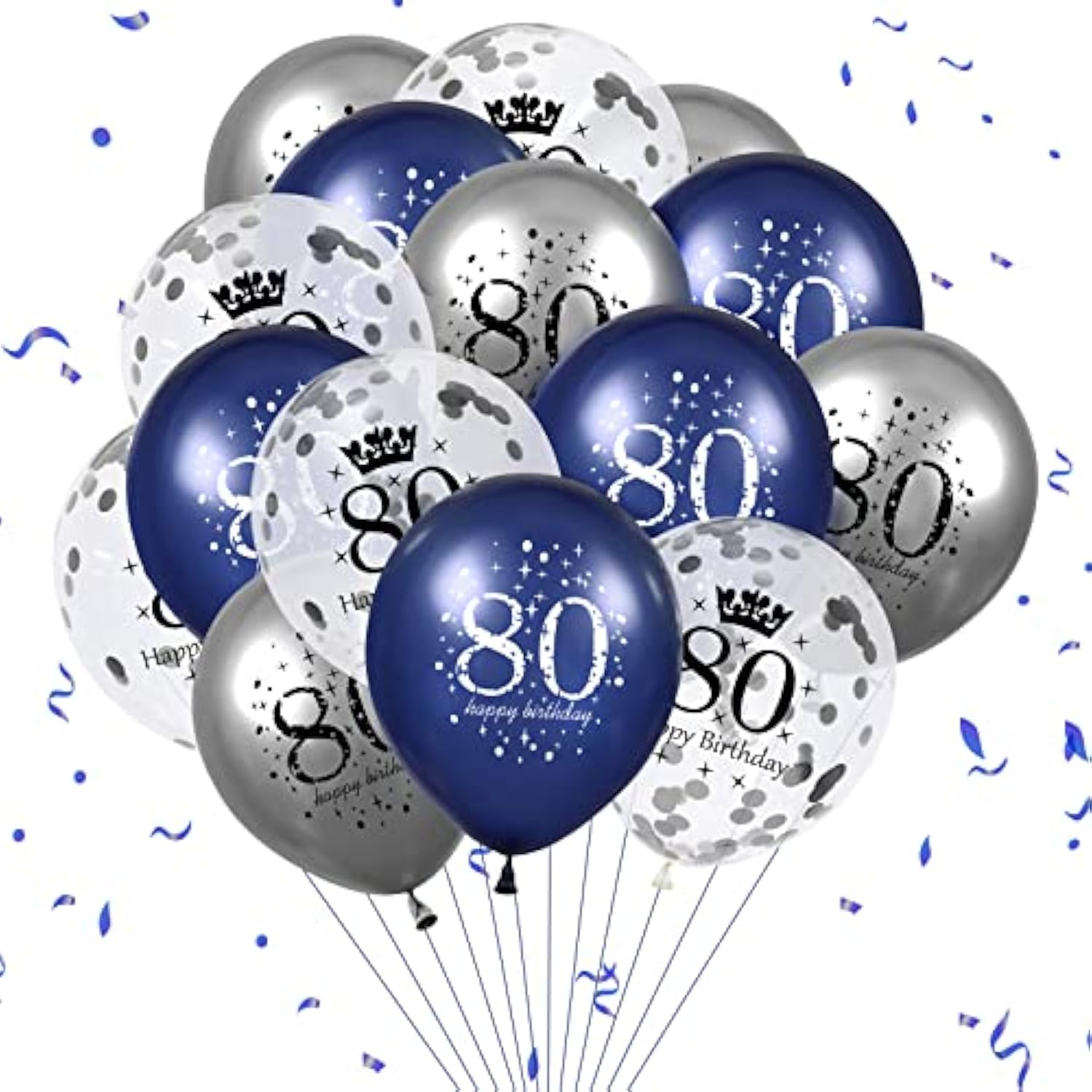 80th Birthday Balloon Set: Navy, Silver & Confetti - 15 Piece Party Decor