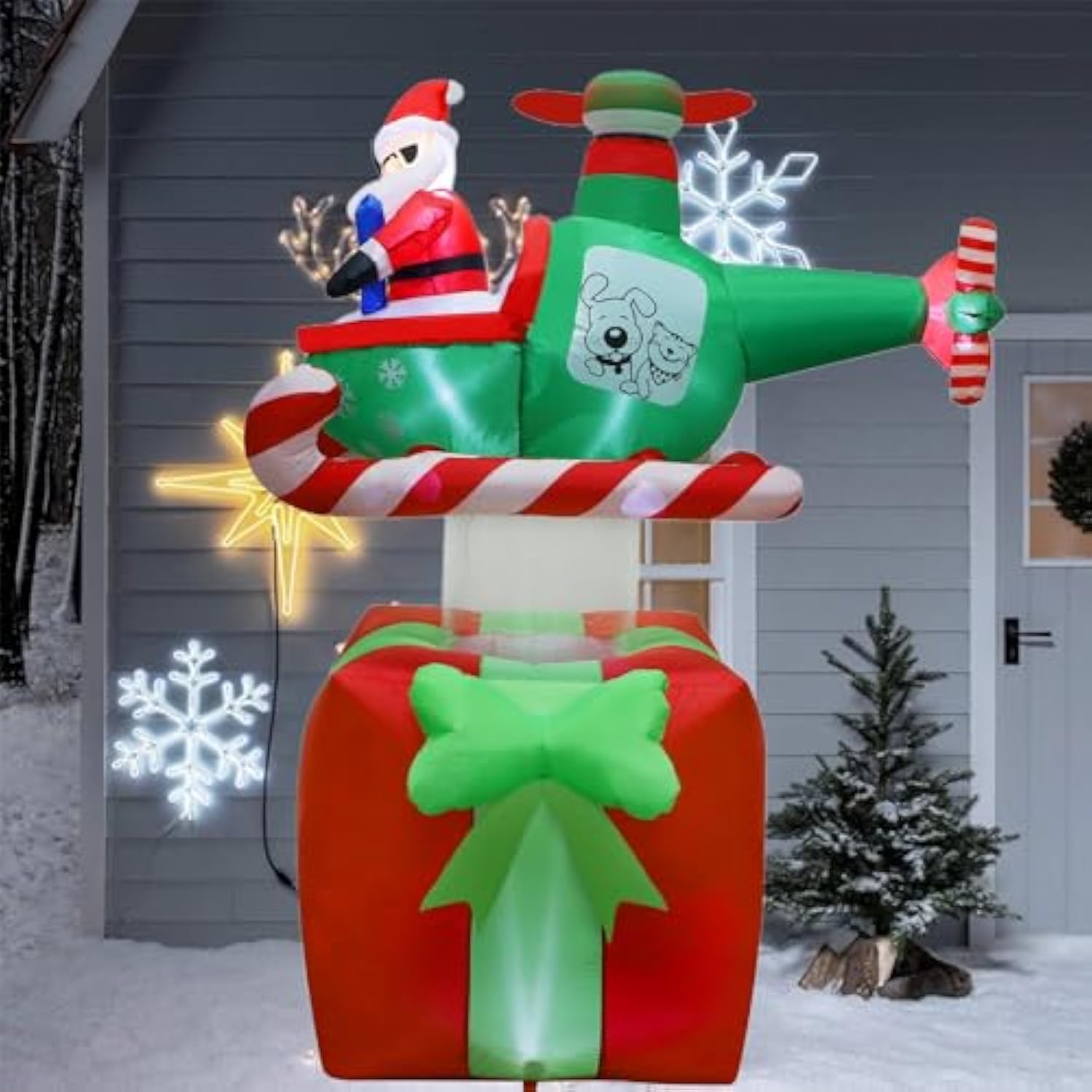 Christmas Inflatables Outdoor Decorations, 6Ft Inflatable Xmas Santa Claus With Helicopter On Gift Box, Lighted Blow Up