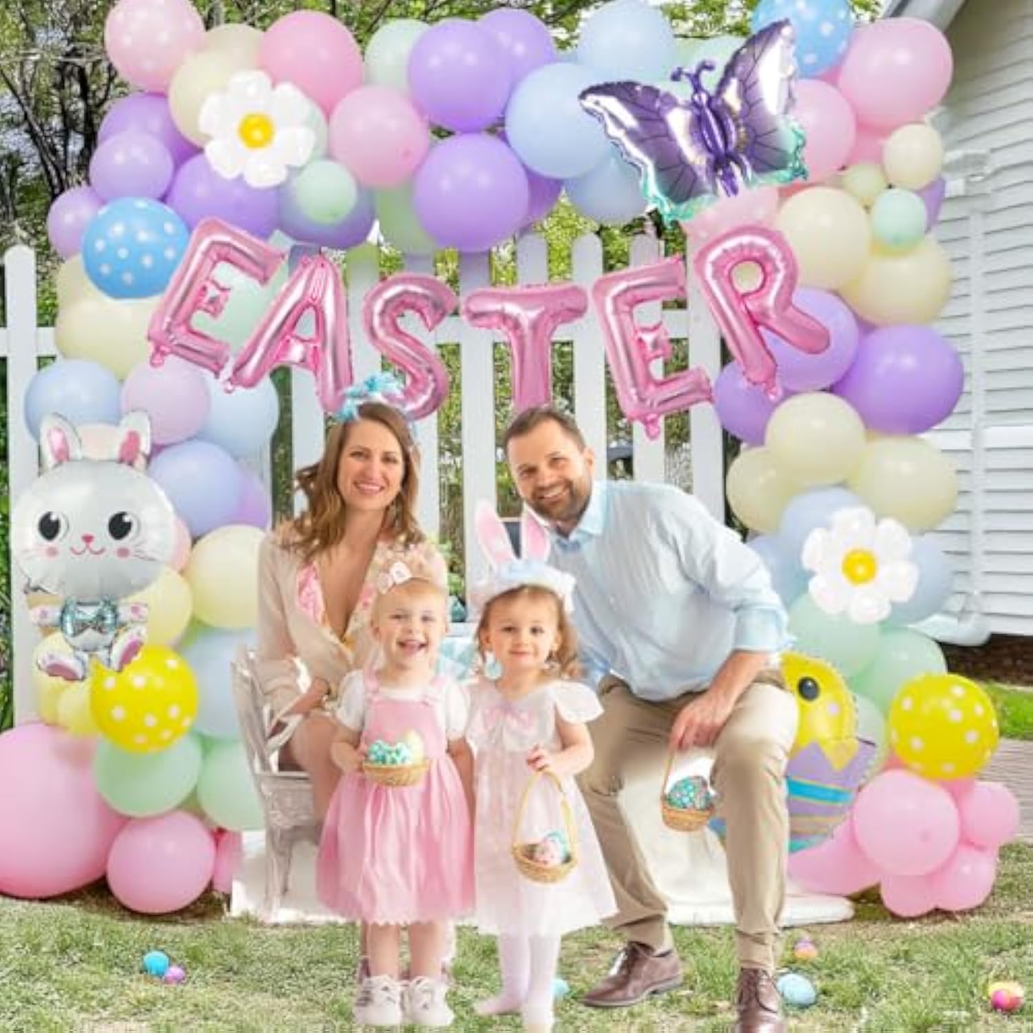 127Pcs Easter Balloon Garland Arch Kit With Easter Egg Chicken Daisy Bunny Butterfly Pastel Pink Letter Foil Balloons For Spring Big Resurrection Day He Is Risen Birthday Baby Shower Party Decorations