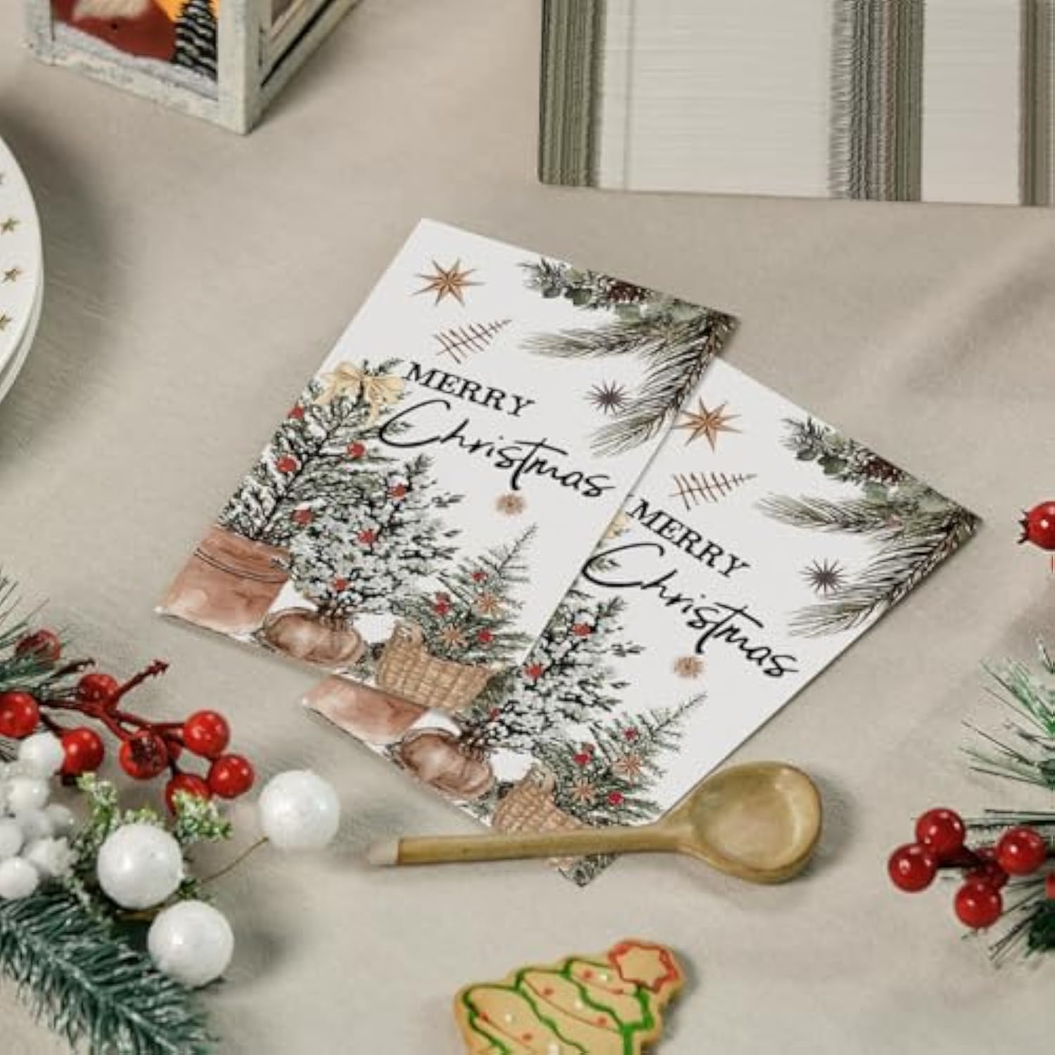 100 Christmas Disposable Paper Decorative Guest Napkins, Pine Tree Basket Hand Towel For Party Lunch Dinner Kitchen Bathroom