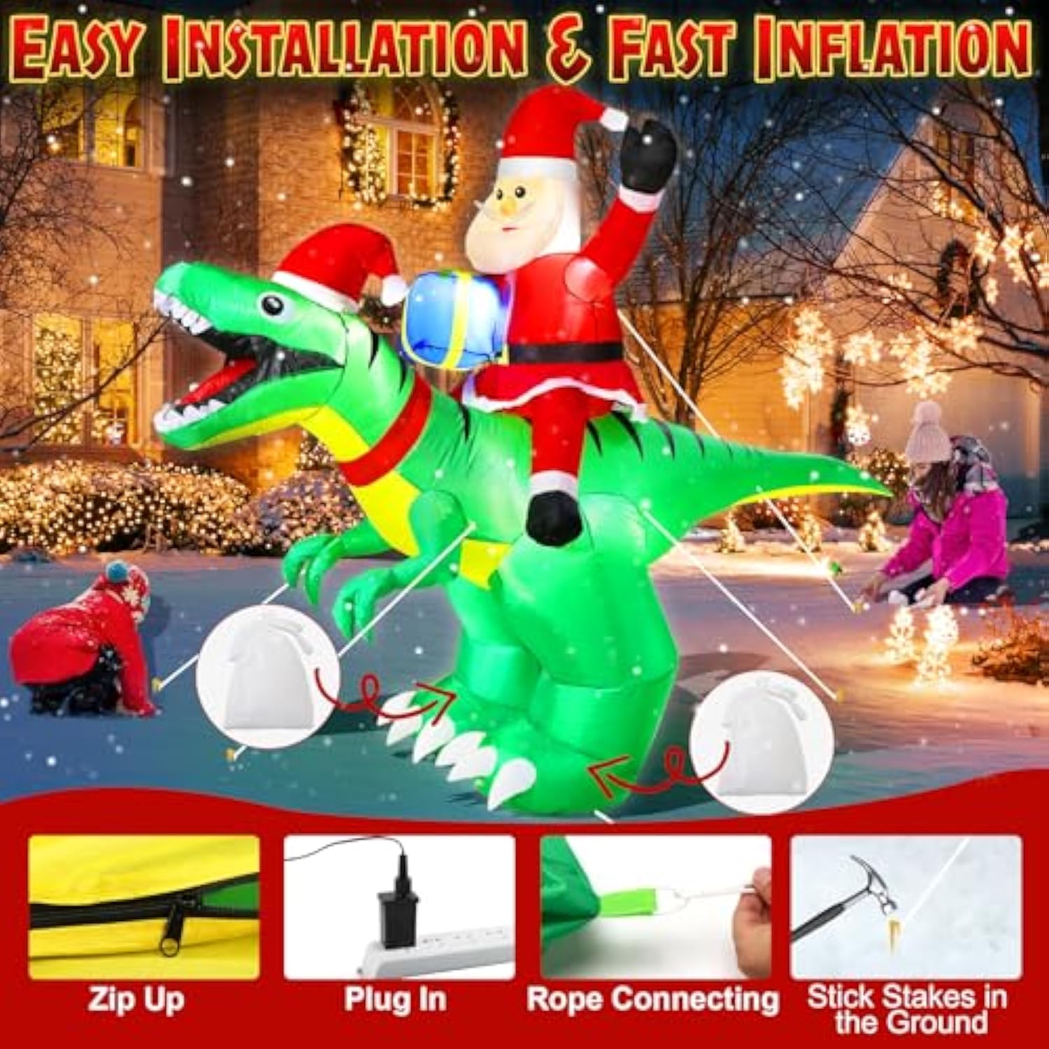 9X7Ft Christmas Inflatables Santa Ride On Dinosaur With Led Outdoor Christmas Dinosaur Inflatable Blow Up Yard Decoratio
