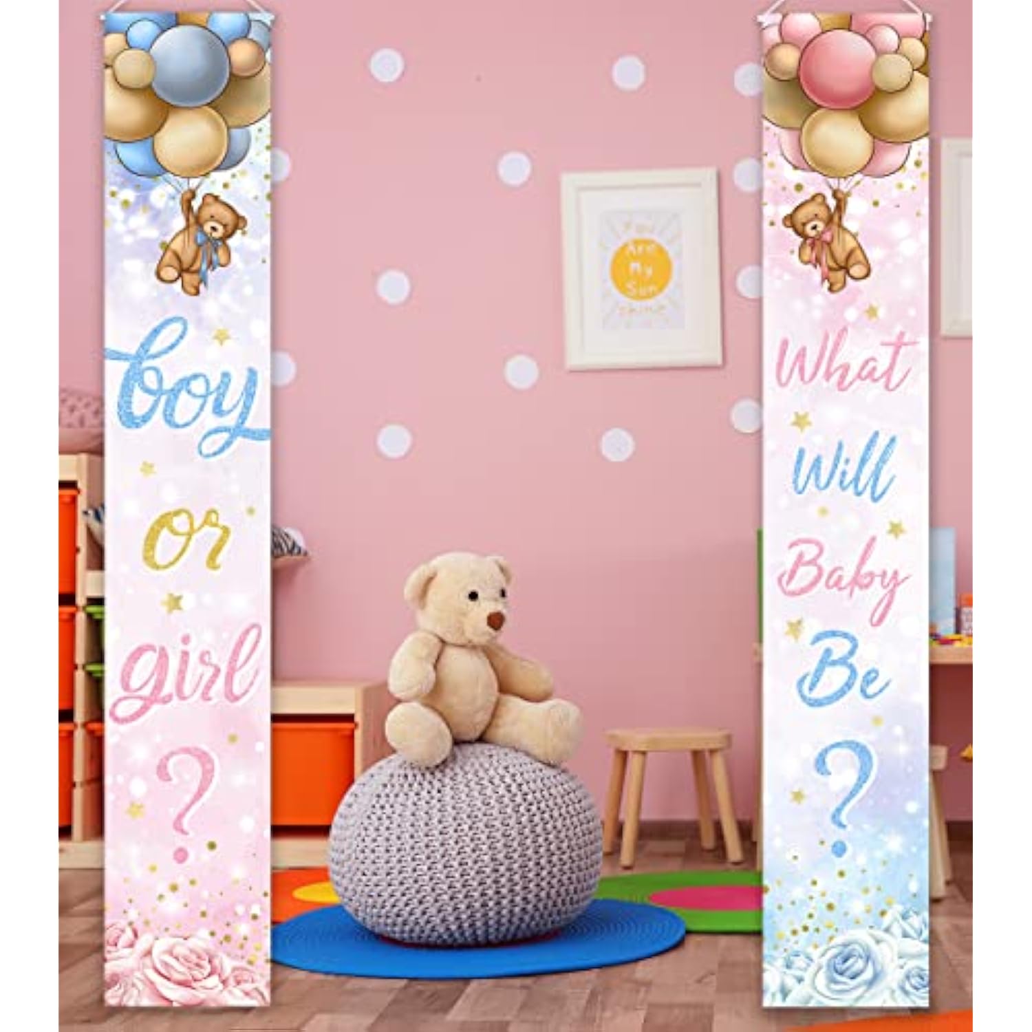 Baby Bear Gender Reveal Decorations - Boy Or Girl Porch Sign Banner, Pink Blue Balloon Baby Shower Door Hanging Banner For Party Supplies