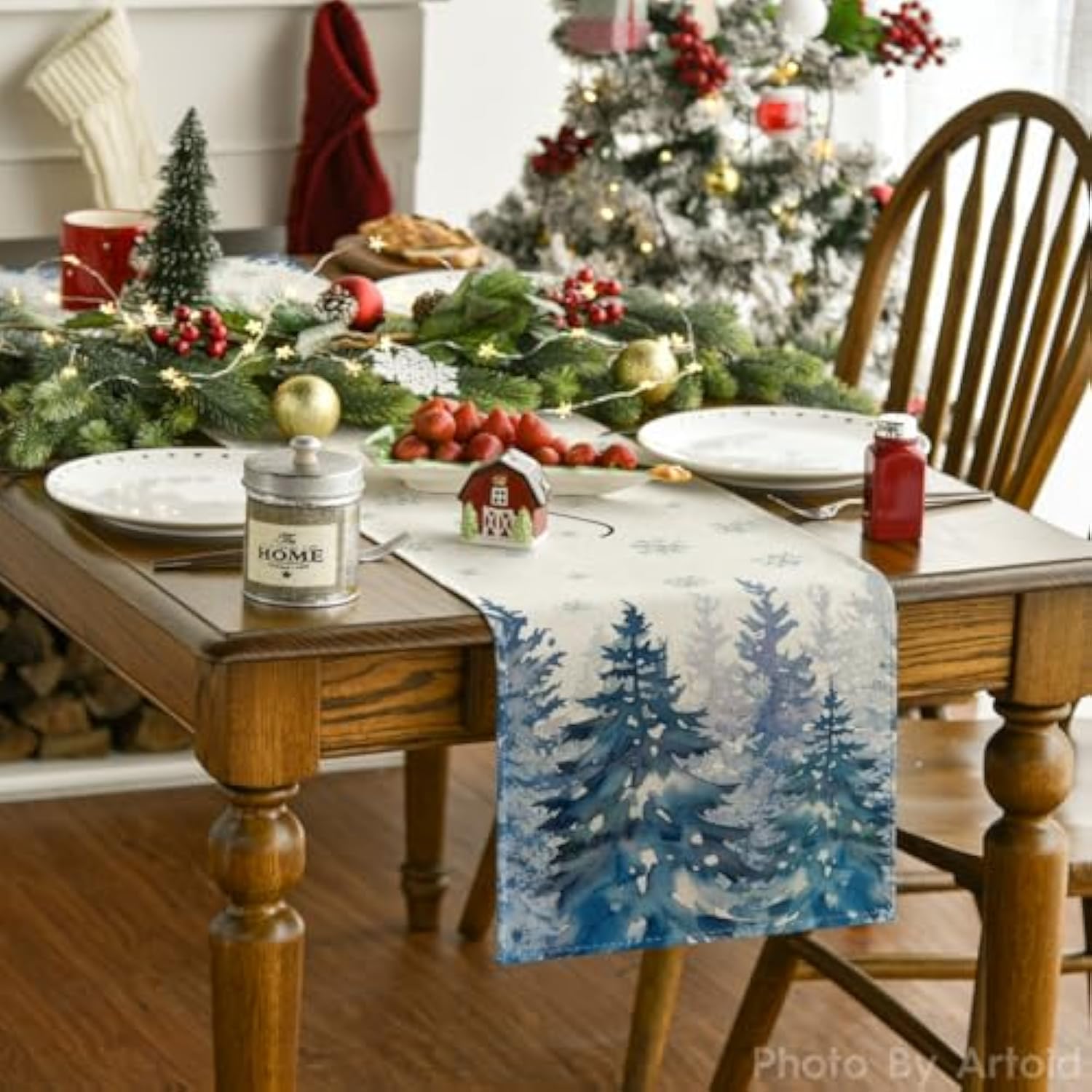 Ink Wash Painting Christmas Trees Hello Winter Table Runner, Seasonal Pine Kitchen Dining Table Decoration For Home Party Decor 13X72 Inch