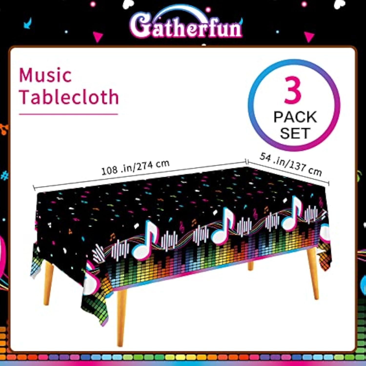 Music Party Disposable Tablecloth, Plastic Table Cover For Music Themed Birthday Party, 3 Pcs, 54”X108”